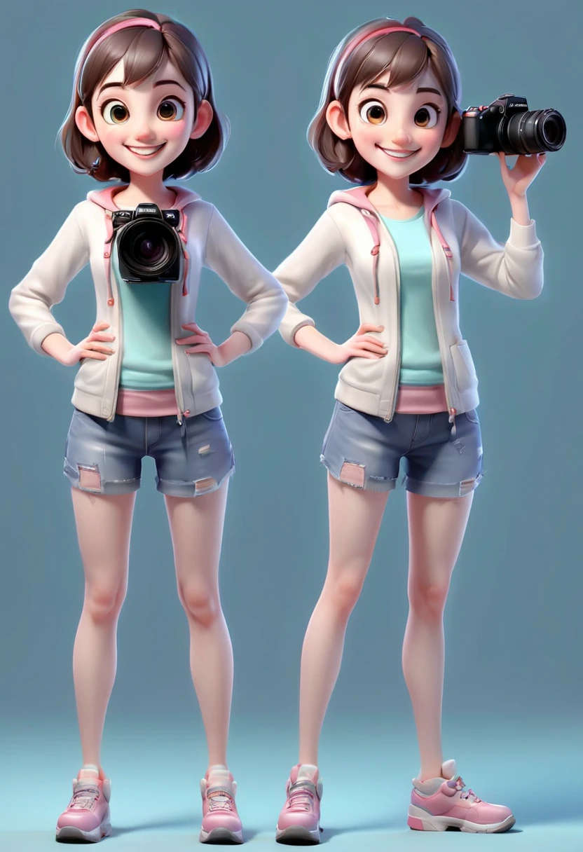 Two head height ratio,one Q version standing girl,full body,3d,character design, happy and happy ,Girl standing with camera sense,High degree of completion,full body,Multiple angles, front view,Right side view , left side view ,rear view,Multi-dynamic,Multiple postures, Smile, Happy character set up,character design, high quality,Highly Completed ,High degree of completion, hand details are complete,