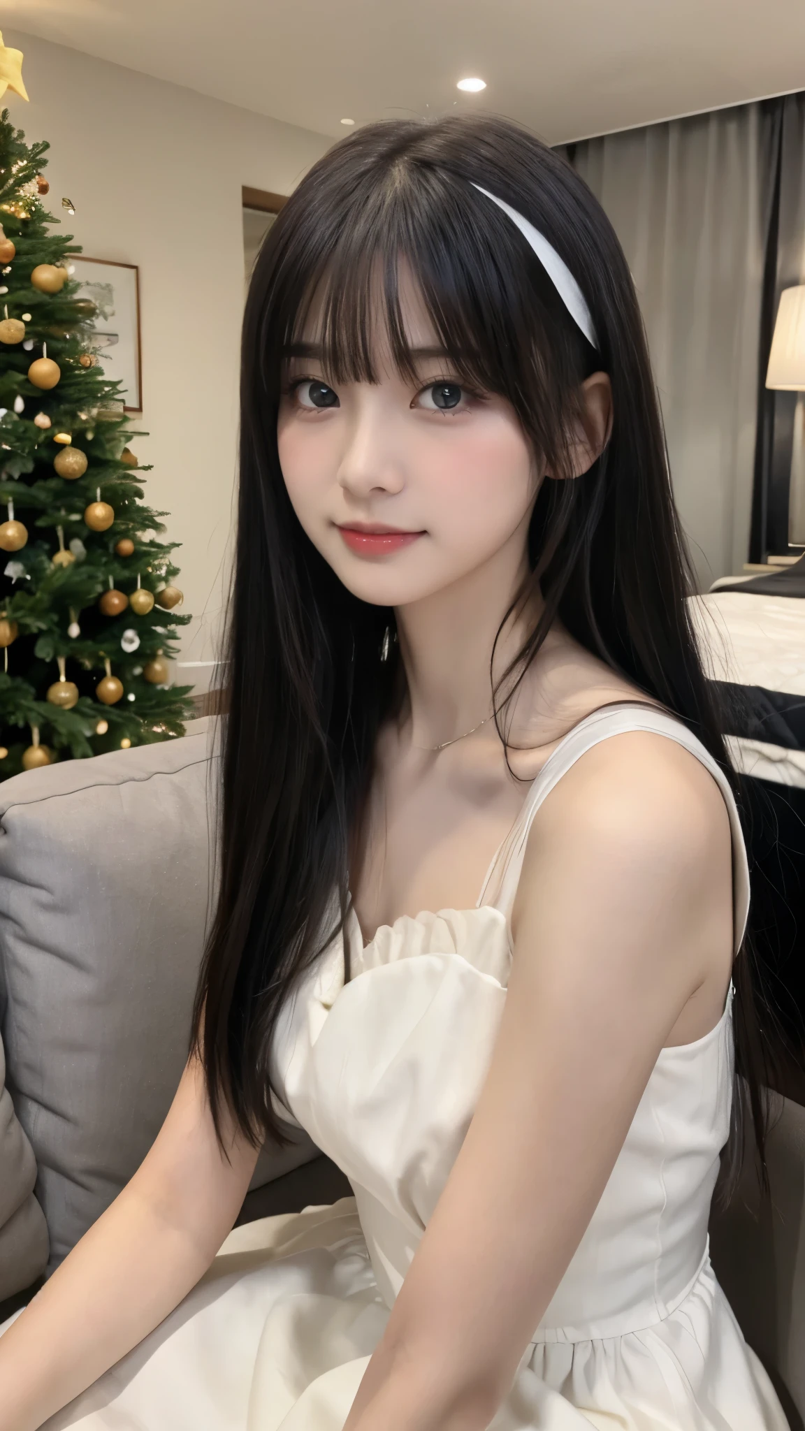 An anime girl with light green hair is wearing a white dress、Sitting in the living room and wearing a sexy sleeveless dress、((Christmas Dresses))、(((female middle school students、Baby Face:1.2、Very young face:1.2、Young face:1.2、 body type)))、slender body line、wind chimes、tree、Room Decorations、Highest quality、8k、 RAW photos 、ultra high definition、 reality、masterpiece