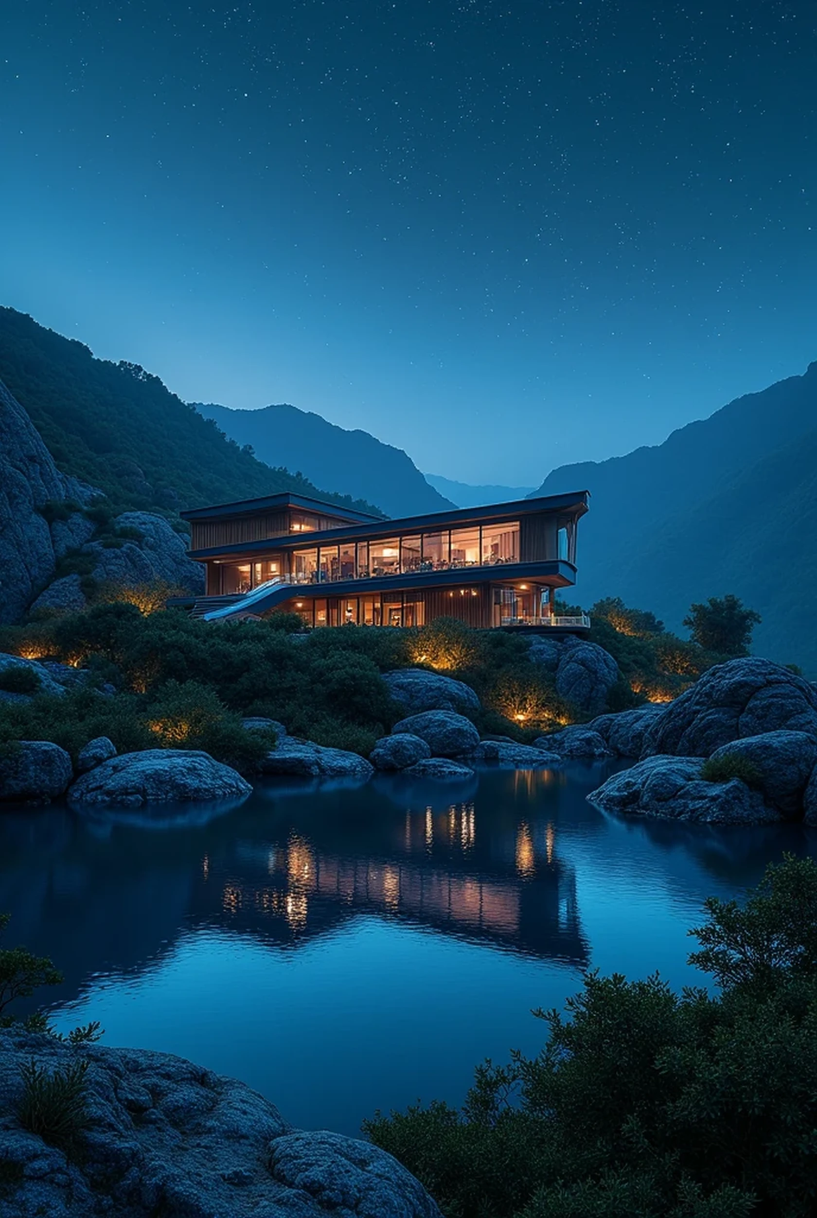 Beautiful Night sky, ((clear sky with no clouds)), avant-garde resort by the hill side, after rain, professional landscape photography, realistic shadow, realistic details, realistic texture, cinematic lightings, dramatic