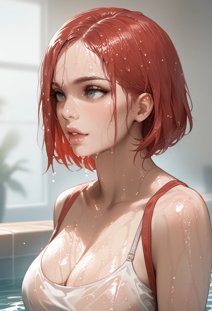8k, masterpiece, best quality, redhead, heavy rain, wet seduction, tease, sexy