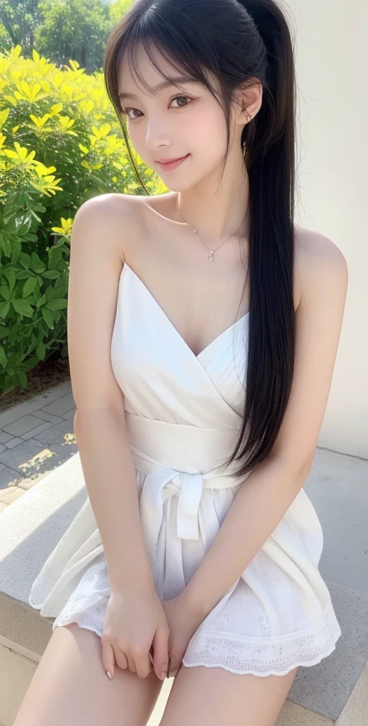 (1 Korean star with royal sister style), ((Best quality, 8K, 巨作: 1.3)), focal point: 1.2, Perfect body proportions: 1.4, (Make a smile), (Sunset: 1.3), Watery eyes, Highly Detailed Face and Skin Textur, Fine eyes, Double eyelids, Whitens the skin, (long whitr hair, Air bangs: 1.3), (Round face inches: 1.5), (Wet dress dress: 1.4), (Sketch 1:2,)rural landscape。 Do it on the ground(Blue sky and white clouds 1:6)
