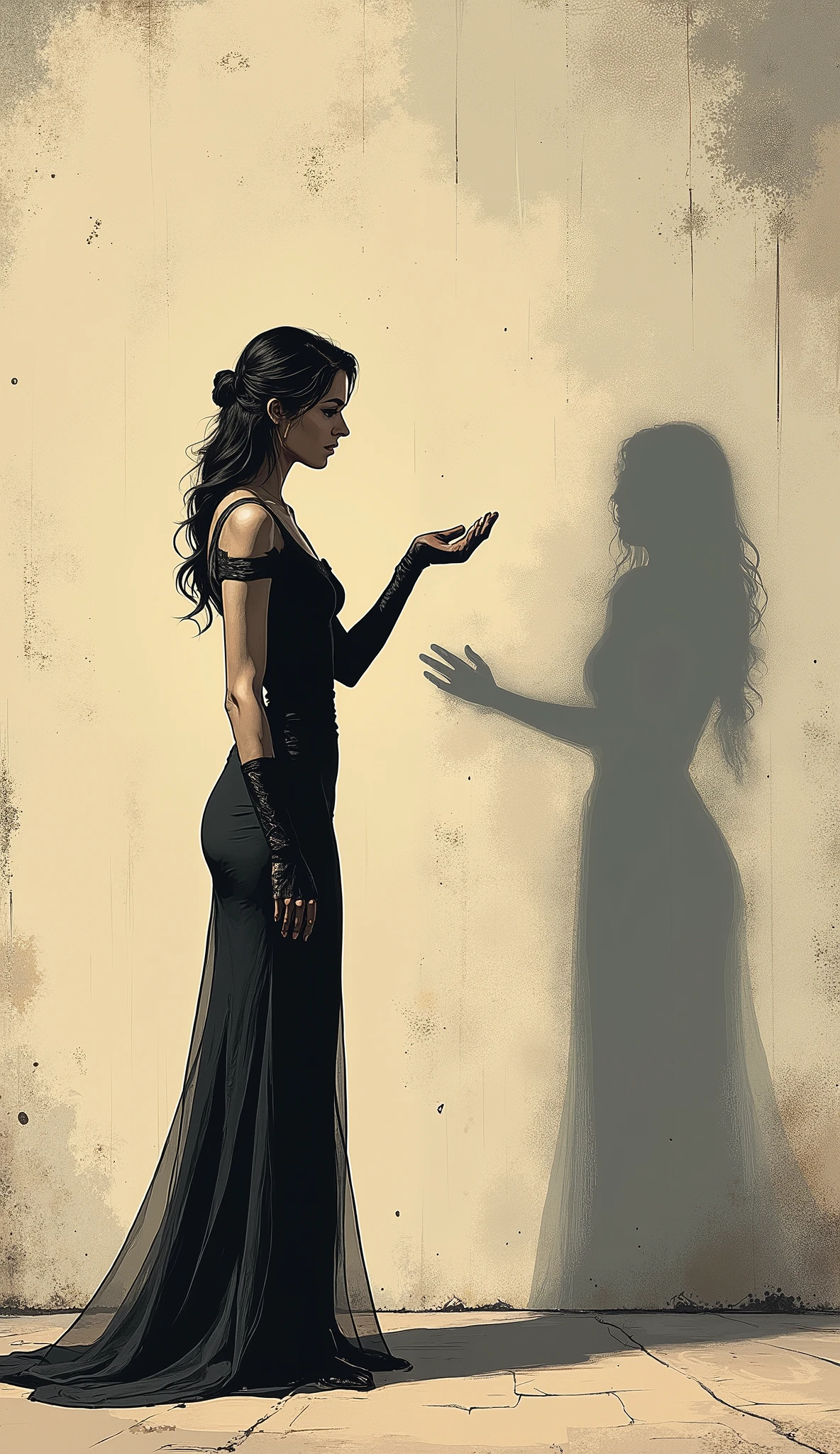 A woman holds out her hand to a wall、A woman's shadow is reflected on the wall、It looked like she was shaking hands with her own shadow。a very fantastic and beautiful scene。Delicate Textures, digital illustration on Pocket,high resolution,Superb texture,realistic,professional,Vivid Colors,Bokeh
