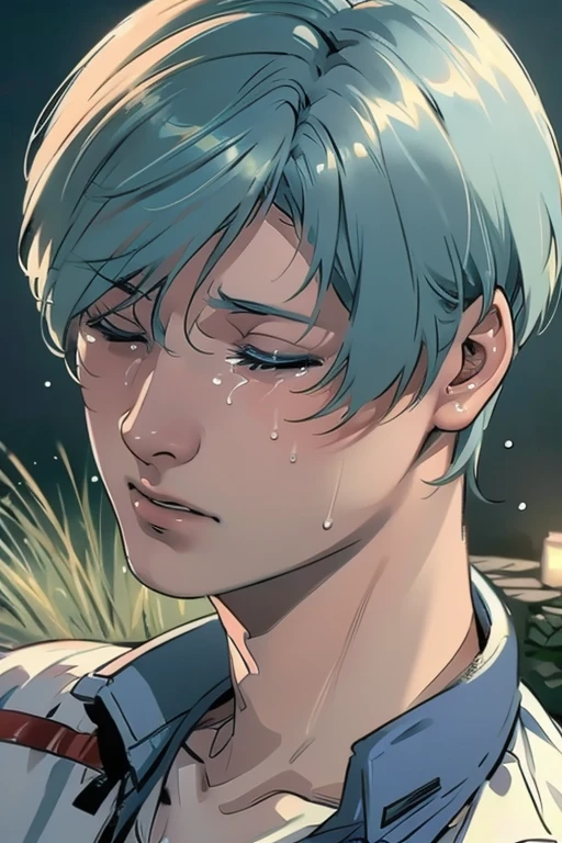 (1 Adult male),A high resolution, Sharp focus, Pixiv masterpiece, ((Complicated details)), highly detailed, natsuki_subaru, 1 man,Lying in the mud, Lazy,full bodyesbian, Golden eyes(eyes glowing), Short blue hair,white shirt,Wear a tie,Wear a belt,perspire,rain,Drenched,Sweaty crotch,look from down