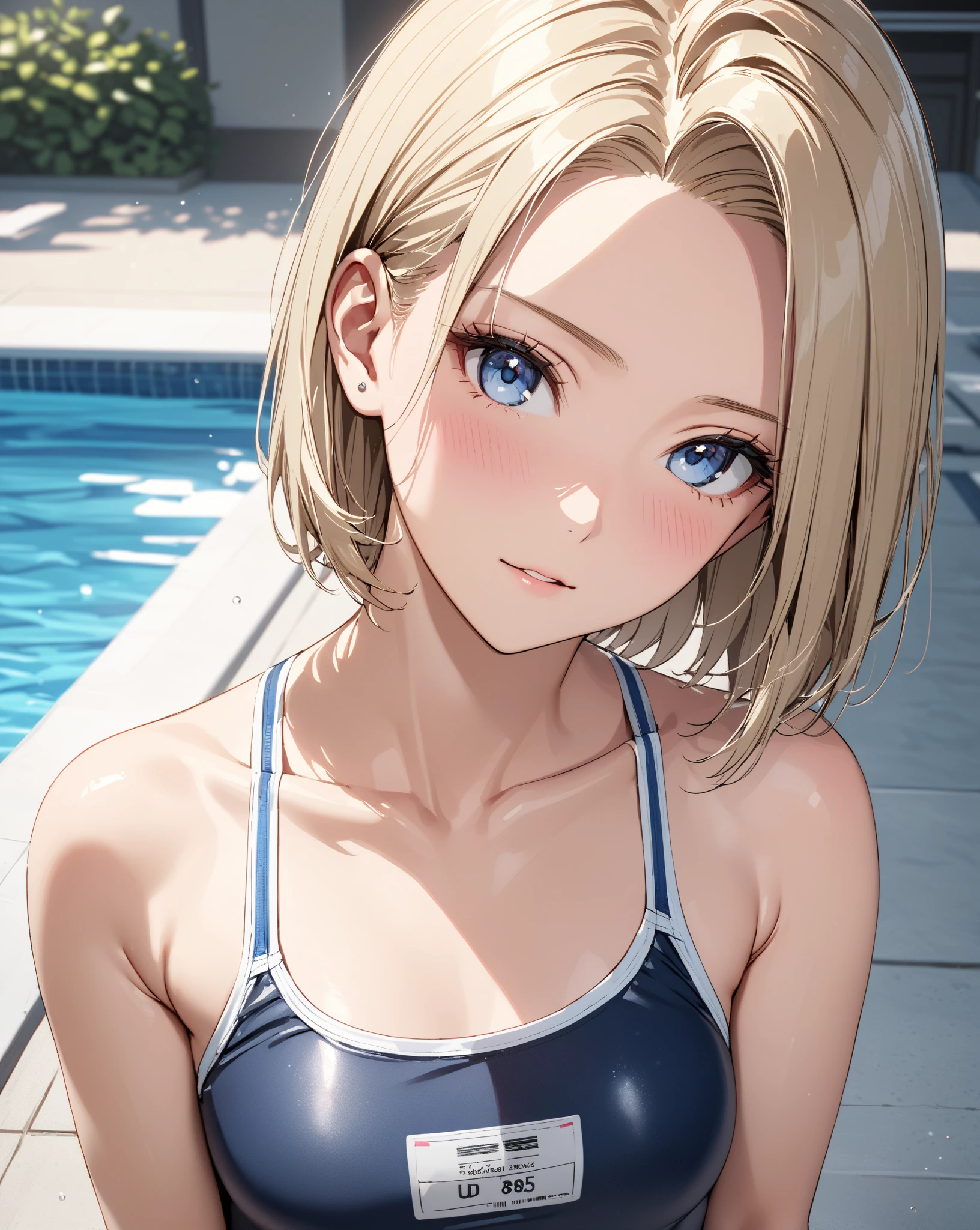 (masterpiece:1.2, highest quality), (realistic, photorealistic:1.4), beautiful illustrations, (natural side lighting, movie lighting), 
looking at the viewer, Upper body, (Front view), 1 girl, Japanese, high school girl, perfect face, Cute symmetrical face, shiny skin, baby face, 
(short hair:1.5, pixie cut:1.4, blonde), tie the bangs at the back, red eyes, long eyelashes, (big breasts:0.6), 
beautiful hair, beautiful face, fine and beautiful eyes, beautiful clavicle, beautiful body, beautiful breasts, beautiful thighs, beautiful feet, beautiful fingers, 
(school swimwear), 
(beautiful scenery), evening, pool, (cute smile, upper grade), 