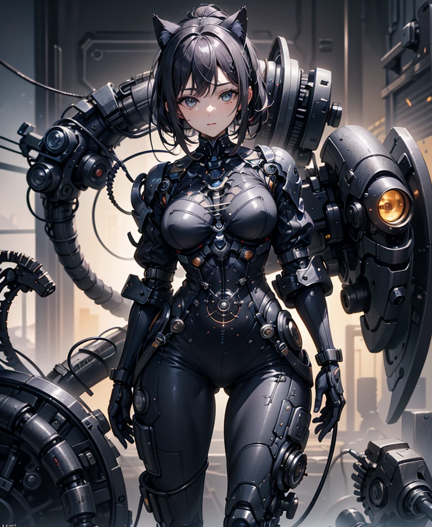 (8K、top-quality、masterpiece:1.2)、(reallistic、Photorealsitic:1.37)、The ultra-detailliert、superrealism、(1 Maid of Humanoid Girl)、(((((Maids)))))、tre anatomically correct、Looking at the camera、All mecha from the neck down、android、Humanoid、cute little、Straight face、solo、(Redness of the nose)、(A smile:1.15)、beautidful eyes、Big eyes、(long:1.2)、Floating Hair Novafrog Style、Pink hair、Machine body、Body cable、pinafore、(((((Gears on the surface of the body、Body valves on the surface of the body、Transistors on the surface of the main unit、Vacuum tubes on the surface of the body)))))、cyberpunked、Raise your left leg、electrical cables、Reverse、((((retro-futuristic)))、Cyan LED、(((Inside the spacecraft)))、Stylish coffee shop with pink walls、、(((((((((tits))))) 、(((((Beautiful thighs)))))、(((((brown hair)))))、(((((mini skirtからPantiesが見えている))))) 、(((((mini skirt)))))、(((((Panties))))) 、(((((Beautiful thighs))))) 、Beautiful body