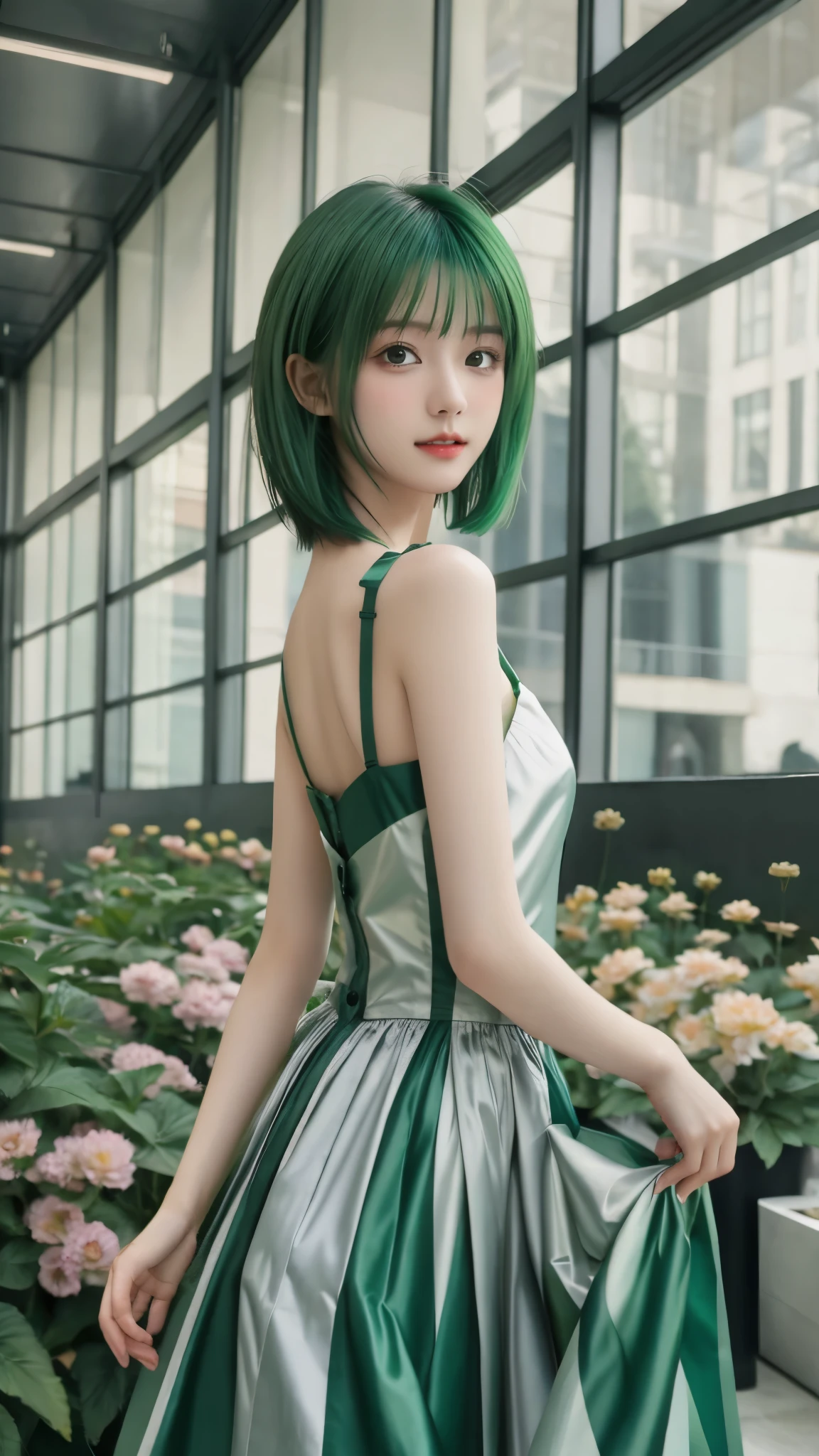high resolution,超high resolution,8k,High Precision,Highest quality, masterpiece, Super Fine Paintings ,detailed description,1 girl, upper body,((asymmetrical haircut , green hair)),big breasts,Beautiful breasts, bust up, beautiful bust line, supine pose , similarly ,glowing neon lights, intermediate shot,Fujifilm X-T4 + 23mm f/2 Lenses,dusk,Flower Farm,viewers, ((slender body line)), ( small nice ass:1.3), (wacky dress), ( detailed hands:1.3, perfect right hand:1.2), (Young face, , Baby Face,ce, Cute small face, High nose, Enchanting Lips ), (tight waist:1.2), (Nice dress)