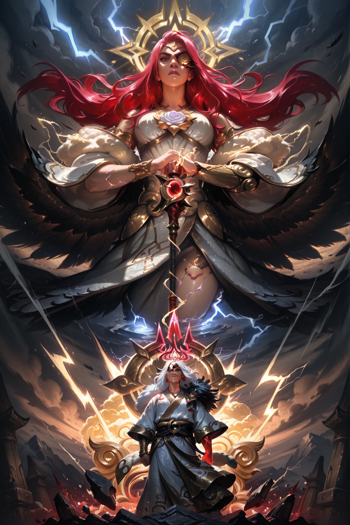 masterwork, masterpiece, best quality, dynamic lighting, game poster, 5 figures, Zeus with white hair, lightning bolt, gold crown, white toga, Odin with eyepatch, raven feathers, Gungnir spear, cybernetic arm, Thor with red hair, Mjölnir hammer, fur cape, silver armor, Amaterasu with gold kimono, Yata no Kagami mirror, radiant halo, Aphrodite with golden hair, seashell crown, white dress, rose, stormy battlefield, cracked earth, swirling clouds, glowing runes, epic clash, dramatic poses.