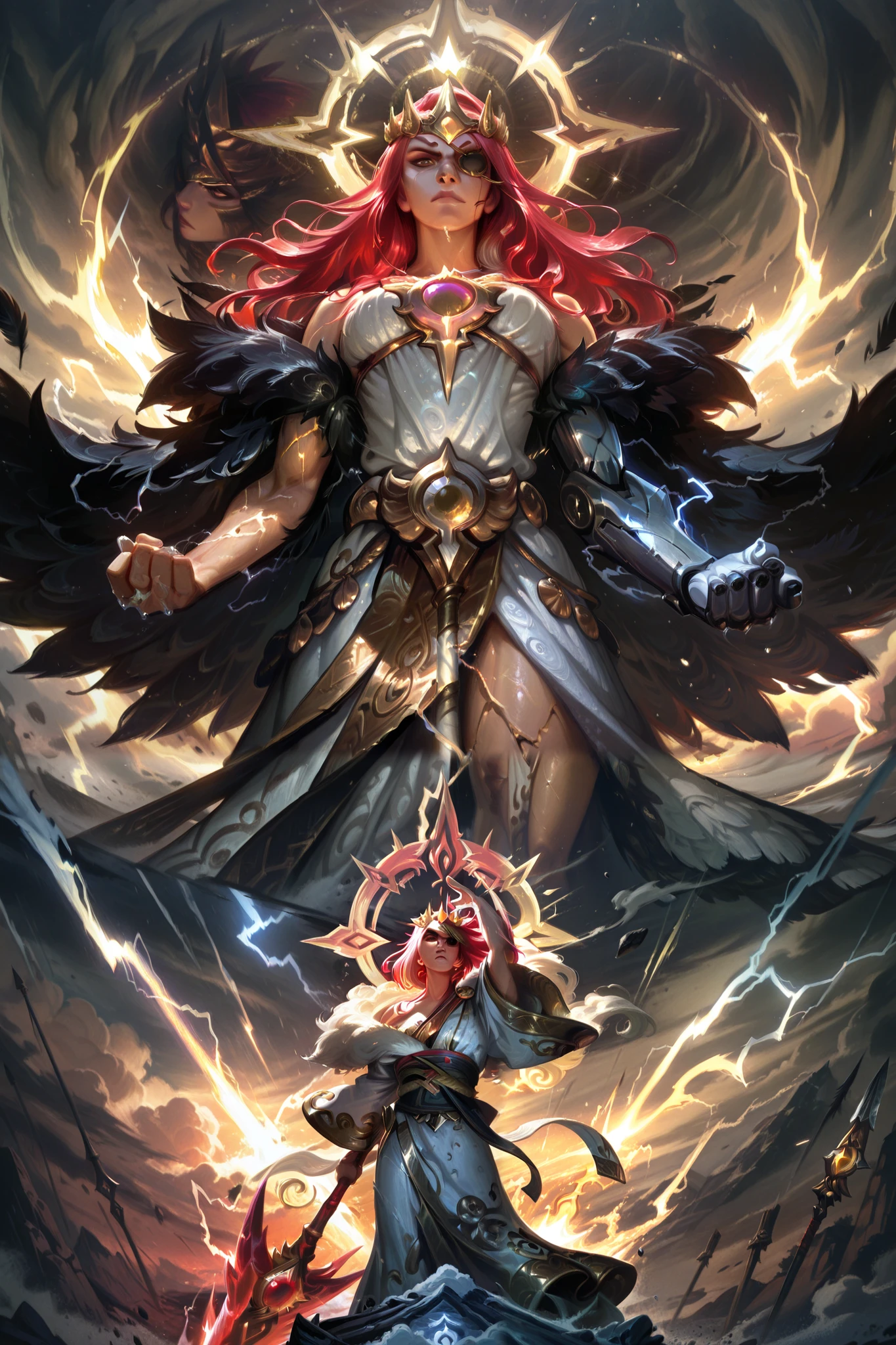 masterwork, masterpiece, best quality, dynamic lighting, game poster, 5 figures, Zeus with white hair, lightning bolt, gold crown, white toga, Odin with eyepatch, raven feathers, Gungnir spear, cybernetic arm, Thor with red hair, Mjölnir hammer, fur cape, silver armor, Amaterasu with gold kimono, Yata no Kagami mirror, radiant halo, Aphrodite with golden hair, seashell crown, white dress, rose, stormy battlefield, cracked earth, swirling clouds, glowing runes, epic clash, dramatic poses.