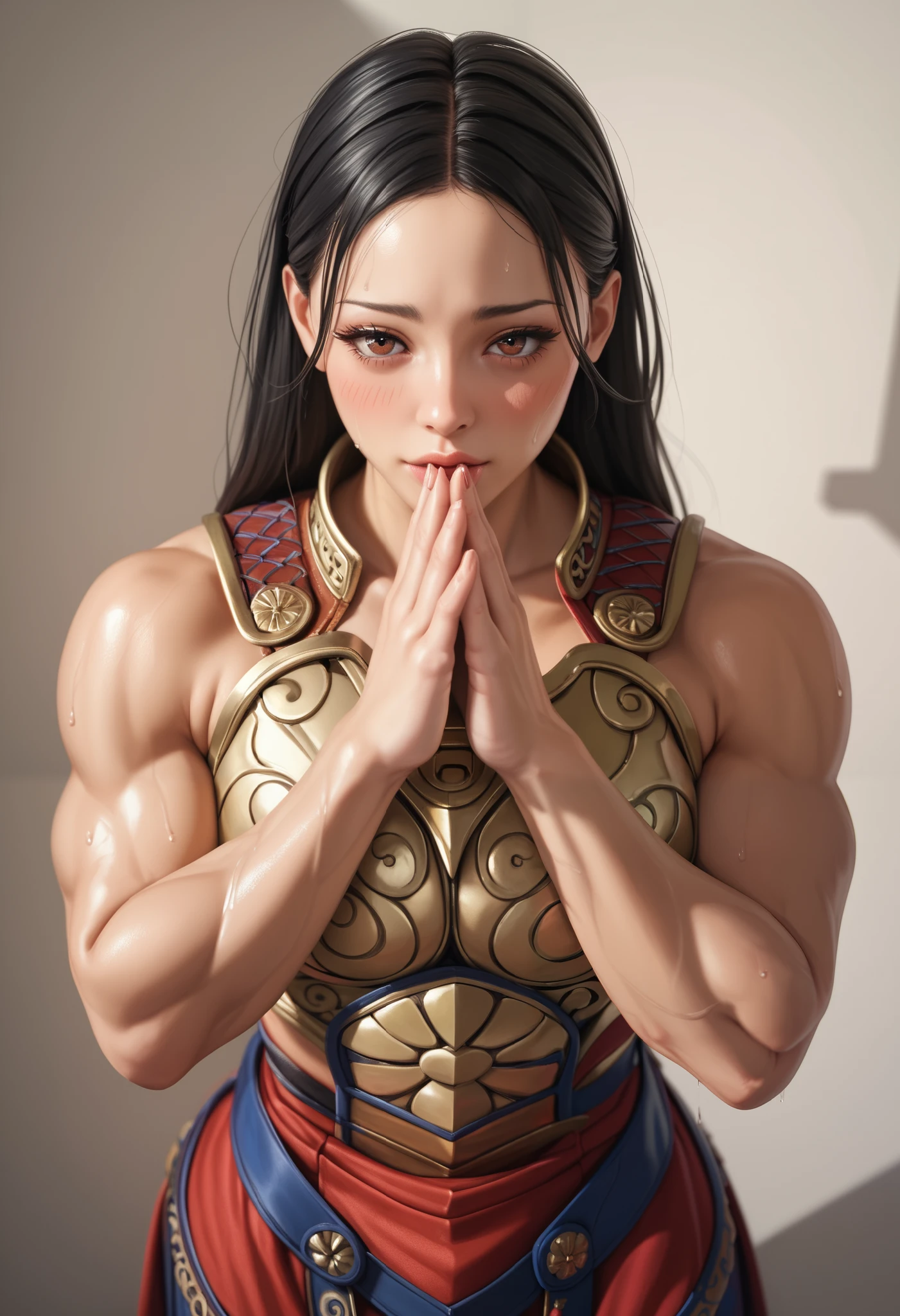 (high resolution, pixel perfect, realistic), (hyper quality, muste piece, etheric: 1.4), nsfw, ((cowboy_shot, face focus, above: 1.2)), good hands, perfect hands, (1girl), solo, black hair, brown eyes, ((Exquisite face, orgasm, blush)), ((((muscular)))), ((chinese_armor)), (open stance, hand on own ass), sweat, (simple_background),
