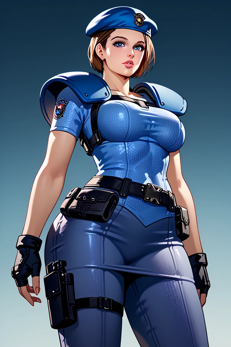 (((Top Quality: 1.4))),(Unparalleled Masterpiece), (Ultra High Definition),(Ultra-Realistic 8k CG), (sheathed weapon on back:1.2), roto (dq3), 1girl, solo, short hair, brown hair, blue eyes, circlet, large breasts, cleavage, strapless, blue dress, purple cape, thighhigh boots, elbow gloves, boots, belt, scabbard,, knee boots, simple background,