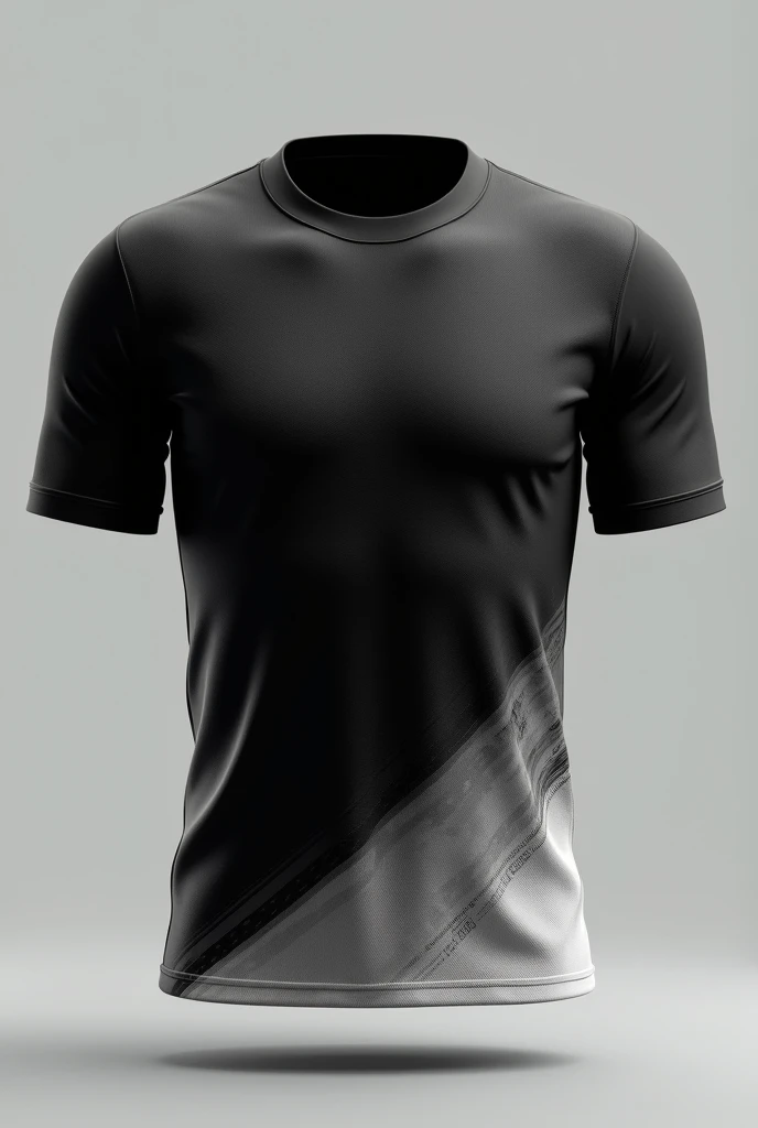 Create a team jersey, This truck has to be black with a white stripe on the vertical., This stripe has to be on the left side of the shirt., and a horizontal white stripe at chest level, crossing the two lanes