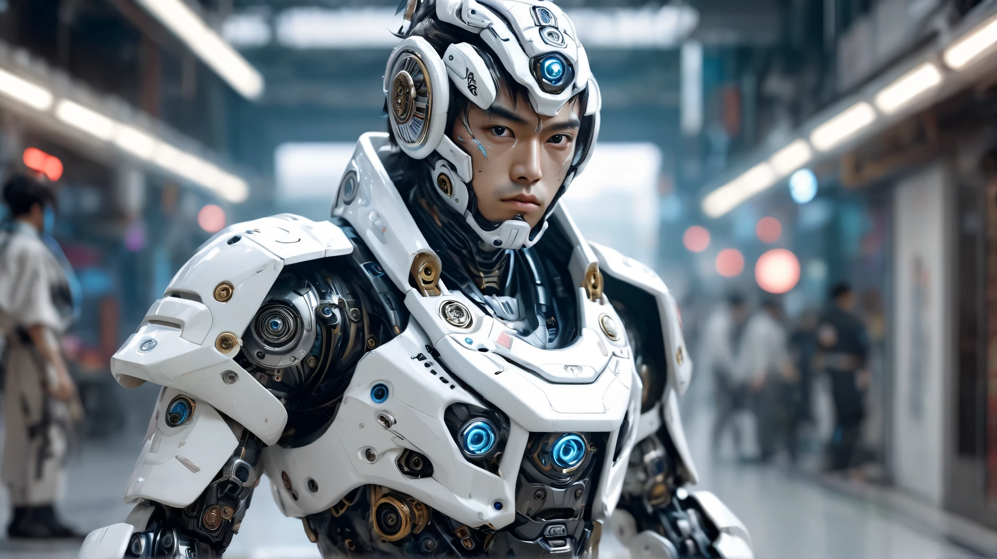 Daniel Larusso de Karate  (Ralph Maccio ),foreground, dreamlike, ( Art Station :1.1), ( intricate:1.1), (great eye detail :0.7), Alone , Male Hair, dressed in a cyborg kimono with white pieces, Photorealistic, 8K, motor unreal ,   half-length portrait , highly detailed, Human face and head with hair, Human hands, In karate position.