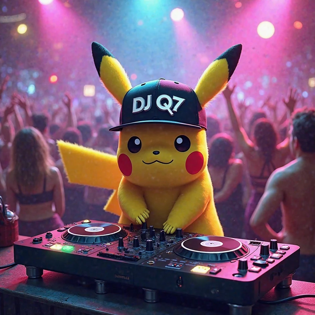 pikachu dj, Wearing a cap that says "DJ Q7", in a nightclub atmosphere