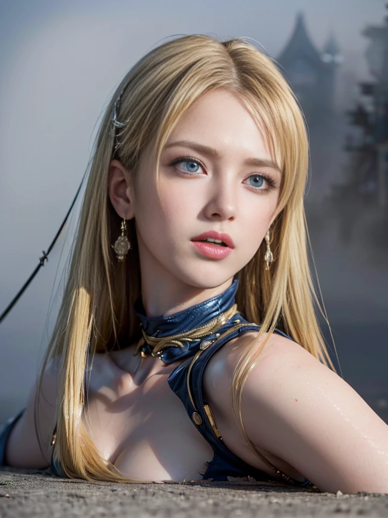 Beautiful blonde supermodel woman, A lock of hair with slight highlights, blue gray eyes, mixed media, Paint is not dry, Jewel beetle, coloured background, Liquid color flows across her face, Photo by Zhang Jingna. - 6 o'clock'bell