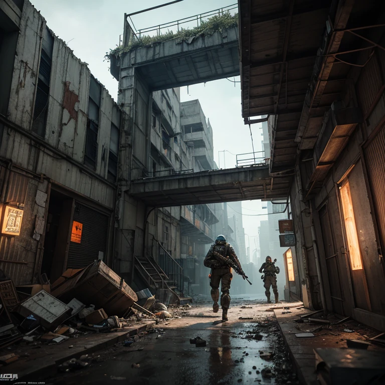 A top-down pixel-art action-adventure game scene set in a dystopian, industrial wasteland. The environment is heavily worn and mechanical, featuring a large, corroded metallic pipeline running horizontally across the screen. A grated walkway extends over the pipeline, supported by rusted metal beams and bolts, with a set of stairs leading downward to another industrial area. The scene is dominated by shades of brown, gray, and green, giving it a gritty, post-apocalyptic feel.

Two characters are visible, navigating the hazardous environment. One character, dressed in a dark green combat suit, walks cautiously along the grated walkway. The second character, positioned near the stairs, appears to be a heavily-armored soldier or cyborg wielding a futuristic firearm. Their detailed pixel-art sprites feature rugged facial expressions and cybernetic enhancements, reinforcing the dystopian and cyberpunk-inspired atmosphere.

The background consists of crumbling walls, exposed metal reinforcements, and large impact craters scattered across the terrain, suggesting a war-torn or abandoned industrial complex. Small mechanical details, such as rivets, vents, and cables, are intricately placed throughout the environment, enhancing the immersive atmosphere of decay and destruction.

At the bottom of the screen, a cyberpunk-inspired user interface (HUD) displays character portraits with mechanical augmentations, health bars, ammunition counts, and inventory slots, designed with a metallic and digital aesthetic. The game’s color palette and intricate pixel detailing are reminiscent of classic 16-bit action RPGs from the 1990s, evoking a mix of tactical gameplay and exploration in a dark, mechanical future.