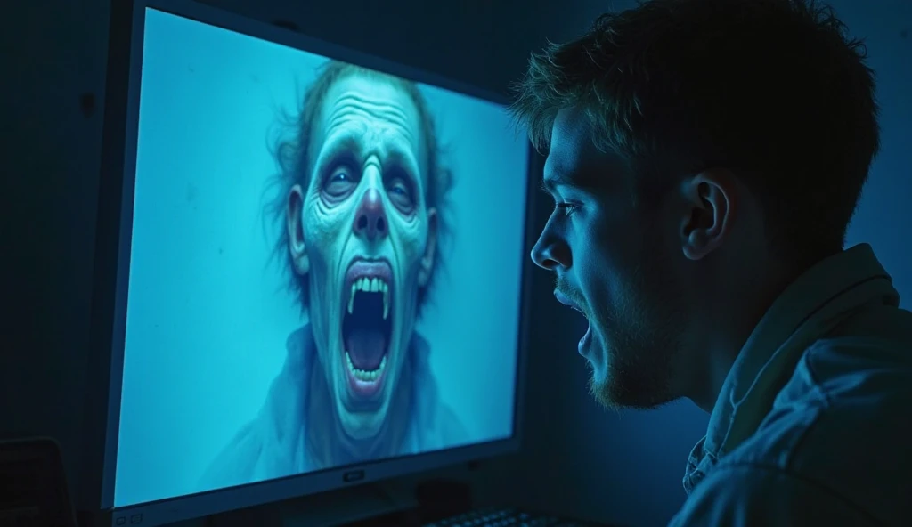 Man terrified and screaming at the computer