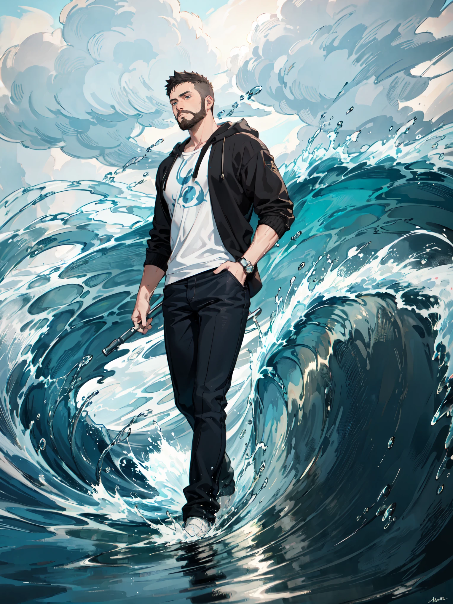 (water particles flying around), hydromancer, slim mature male, water magic, handsome, full beard, short undercut, mystic, modern outfit, masterpiece, eye focus, best quality, anatomically correct, (walk on water: 1.15), water particles flying around, ocean, huge waves behind character, ((storm)), huge waves around character, night, night sky, mystic, dark hair, walking to viewers, 1boy, manly, modern t-shirt, modern cardigan with the hood, ((hydromancer)), Waterbending, water bender, Detailed hand, Hand, Perfect hand,