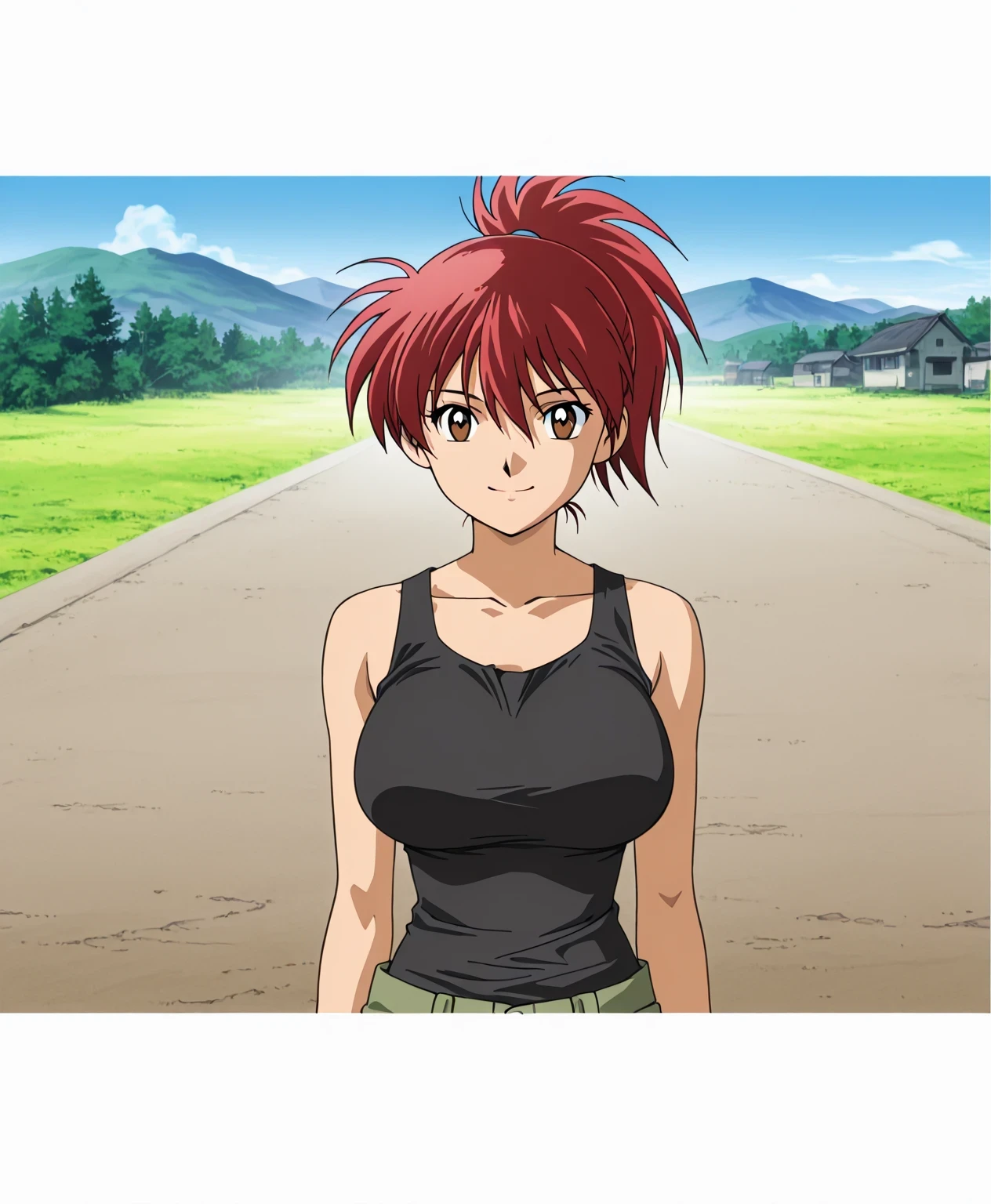 score 9 , score 8 up, score 7 up, source anime, masterpiece, Highest quality, high resolution, 1girl , red hair のアニメの girls on the left, alone, Classic girl , vibrant , girls on the left, created by anime Painter Studio, Handsome, Girl Romance , Brave, anime style, official fanart , ponytail hair, medium hair, hair between eyes, red hair , faint smile , bangs, brown eyes, visual novel, High definition fanart , Colored Sketch anime manga Panel, 筋肉質な girls on the left, 2000s anime Art Style , Big Breasts, collarbone, big breasts, anime/ manga, Painted in an anime artist's studio, In anime style, feminine and muscular , fanart, clothing:black tank top, デニムショートを履いた girls on the left, anime dick!!!!, skin tight tank top, むき出しの肩, Painted in an anime artist's studio, plain tank top, Realistic anime Art Style, digital animation art!!, basic tank top, むき出しの肩, Bare Arms, in Bowwater art style, 魅惑的なアニメの girls on the left, anime Drawings, looking at viewer, cowboy shot, girl focus, standing, outdoors, tomboy atmosphere, a manly girl, boyish atmosphere,