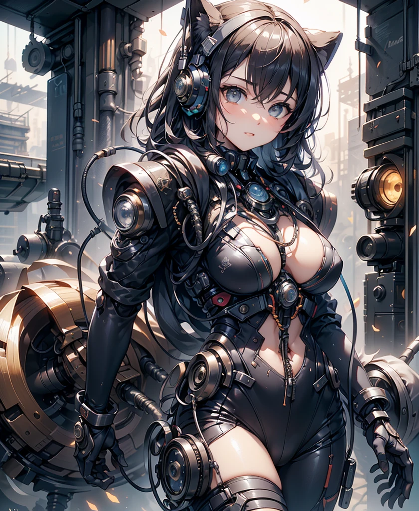 One woman。fractal art,steampunk,cyber punk,smile、cleavage