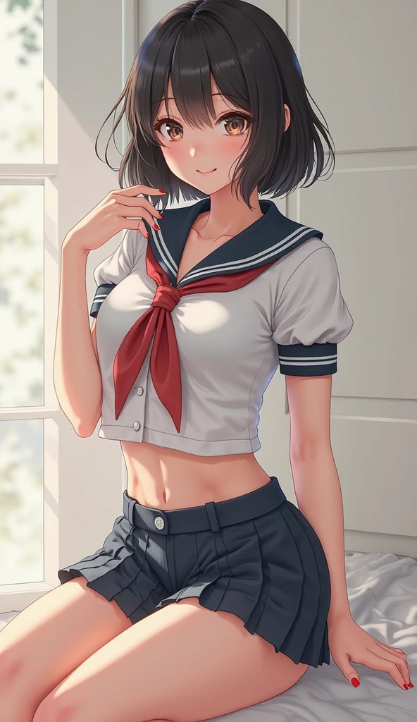 ((masterpiece,best quality)), highres, extremely detailed 8K wallpaper, depth_of_field, best shadow, (Colorful),(Delicate eyes and face), nice hand, Perfect hands, volumatic light, Ray tracing, BREAK
(1girl in), mogami \(kancolle\), black hair, short hair, black eyes / green eyes, swept bangs, small breasts, slender, skinny, open mouth, smile, blush, BREAK,
(wear white transparent school uniform top:1.3), (sailor collar:1.5), (red tie:1.3), (Parted clothes at the top and bottom:1.2), (short sleeves:1.1), (white string panty:1.3), (bare navel), (nipple:1.1), (under boob), (black lace stockings:1.2), High heels, BREAK,
Cowboy Shots, Looking at Viewer, stomach focus, bedroom, dildos on bed, night time, Ultra detailed backgrounds,