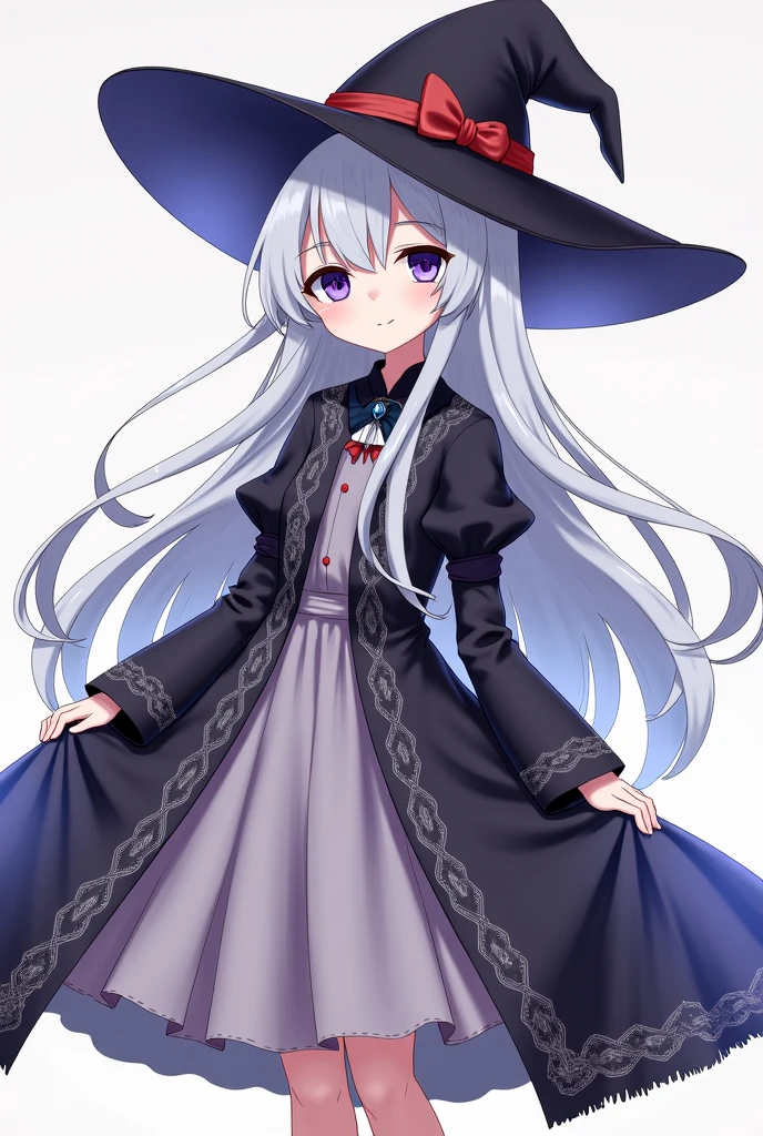 elaina_\(majo_no_tabitabi\), <lora:Elaina:1>, masterful, masterpiece, 4k,
1girl, feminine, beautiful, grey hair, big magical hat + black on the top and purple on the inside, blue eyes, white shirt, yellow ribbon, black robe,
background medieval Europe, magical girl, kawaii, looking at viewer, slight smile,