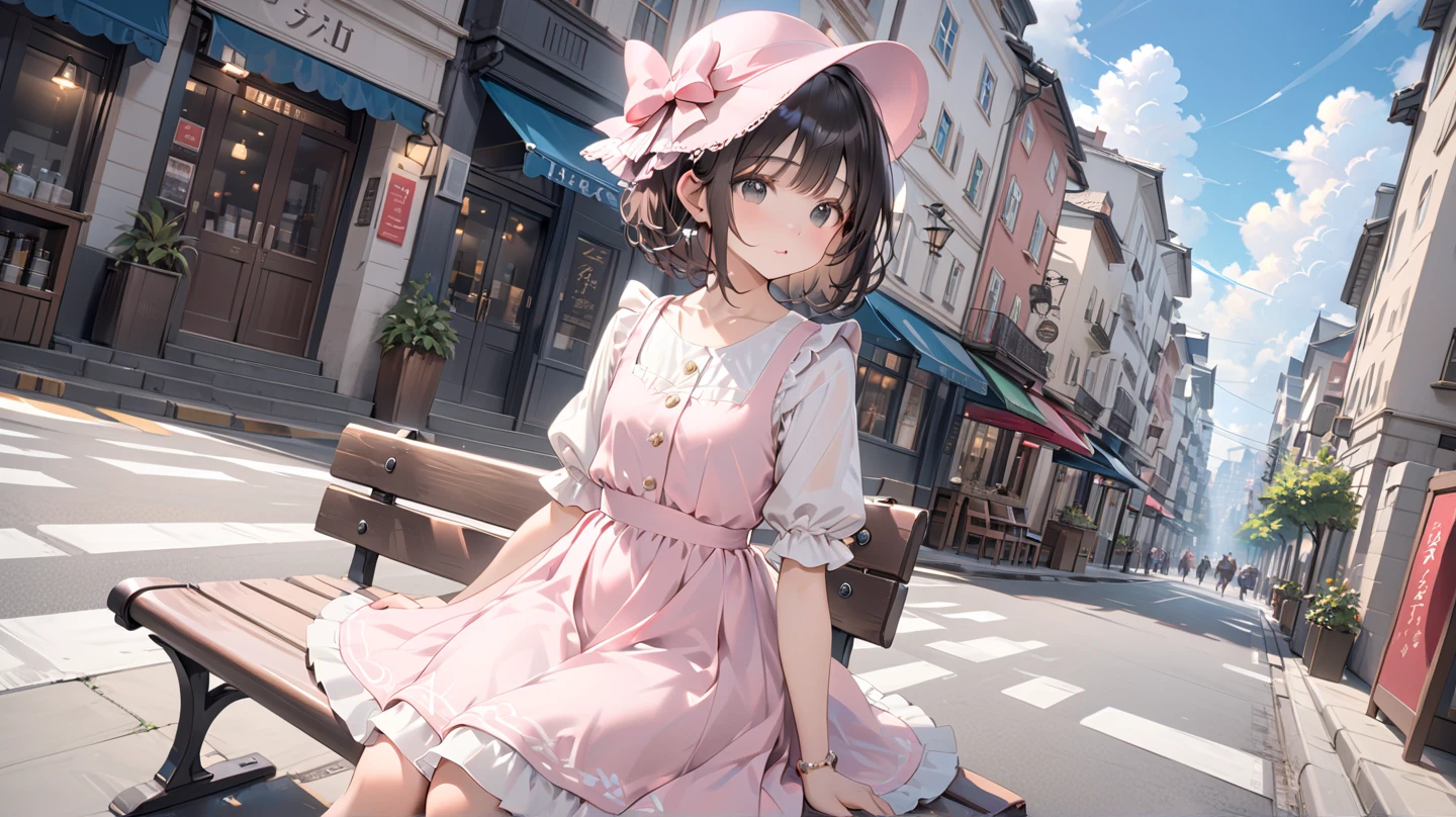 ((Highest quality)), ((masterpiece)), (detailed), Perfect Face, younger sister, , Big eyes, Smile, short hair, Wearing a pink dress and hat, whole body, at school、Hold a condom in your mouth、A defiant smile、Lifting her skirt, a dark alley、Sit on the air conditioner's outdoor unit