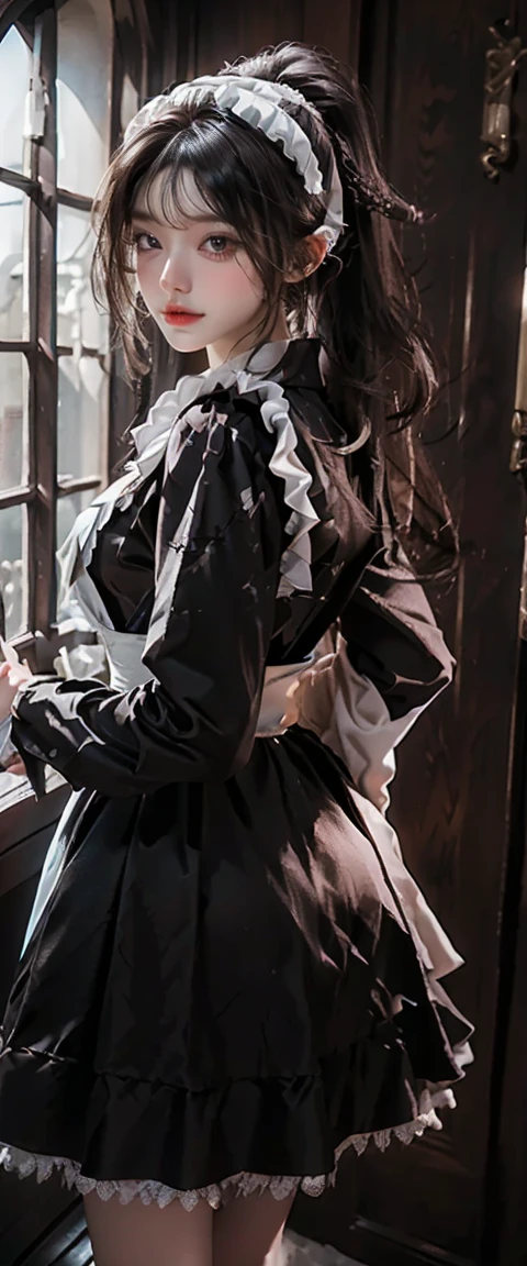 masterpiece、Highest quality、High resolution、Realistic、High resolution、RAW Photos、(A maid standing in the hallway of a luxurious mansion)、((One girl、Young woman hiding in the corner of the hallway、Detailed face and eyes、Beautiful Face、ponytail、Shiny skin、Realistic skin texture、Wearing a maid outfit、Ready your gun?、Dynamic pose、Correct hands and fingers、 Big Breasts、Big Ass))、((Black maid outfit、Long sleeve、Long skirt、White apron、Head ornament))、