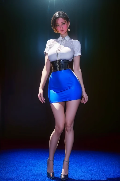 perfect fingers, 8k wallpaper, perfect lighting, masterpiece, slim fit girl, rounded face, ypung russian girl, (light blond hair:1.2), (disheveled short curly hair:1.3), (big blue eyes:1.3), smile, perfect small breast, look at you, very long fit leg, 21thshirow, narrow hips, hold hands behind back, micro skirt, crop assymetrical top, high white stocking, full body shot, face
