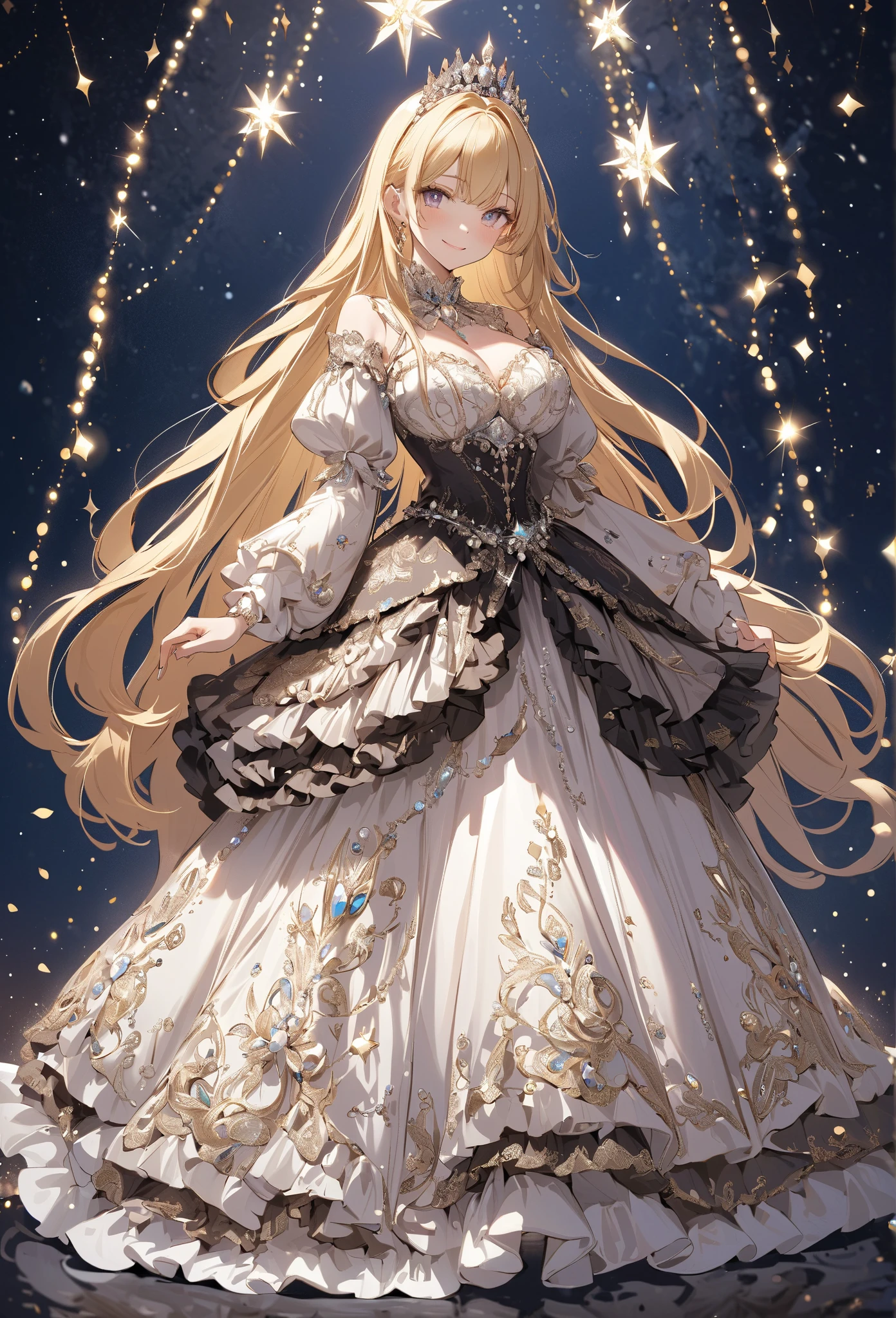 anime artstyle,Masterpiece,(Best Quality),(Super Detail),(Very Delicate and Beautiful),((Solo)),((full body portrait)),full body,full body portrait,(detailed face and eyes),jewel-like beautiful eyes,solo,((Embarrassed,anguish)),((1 princess in beautiful embroidery and jeweled gorgeous rococo ballgown with frilled voluminous full length hoop skirt)),((Crinoline)),beautiful embroidery and jeweled gorgeous rococo ballgown with frilled voluminous full length hoop skirt,gorgeous gemstone jewelry,(large amount of straight hair,extremely voluminous Very Long straight Hair,Absolutely Long Straight Hair),((very gigantic boobs)),cleavage,(beautiful fantasy castle,outdoors,outside the castle),long_gloves,extremely gorgeousfull jeweled hair ornament,(bling-bling extremely gorgeousfull jeweled tiara),(luxurious jewelry),full body portrait,beautiful embroidery and jeweled gorgeous rococo ballgown with frilled voluminous full length hoop skirt