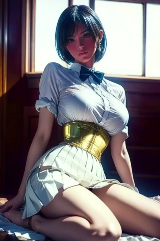 (((完美figure,figure,JK,Student uniform,white shirt,Gray pleated skirt,(((isane kotetsu, short hair, braid, white hair, (purple eyes:1.1), hair braid, ))),(((wide hips))),S型figure:1.7))),((masterpiece)),high resolution, ((Best quality at best)),masterpiece,quality,Best quality,((( Exquisite facial features,looking at the audience,There is light in the eyes,blush,Happy))),(((Interlacing of light and shadow,huge ))),(((looking into camera,Ghost Road,glow,from above,looking down,lying in water)))