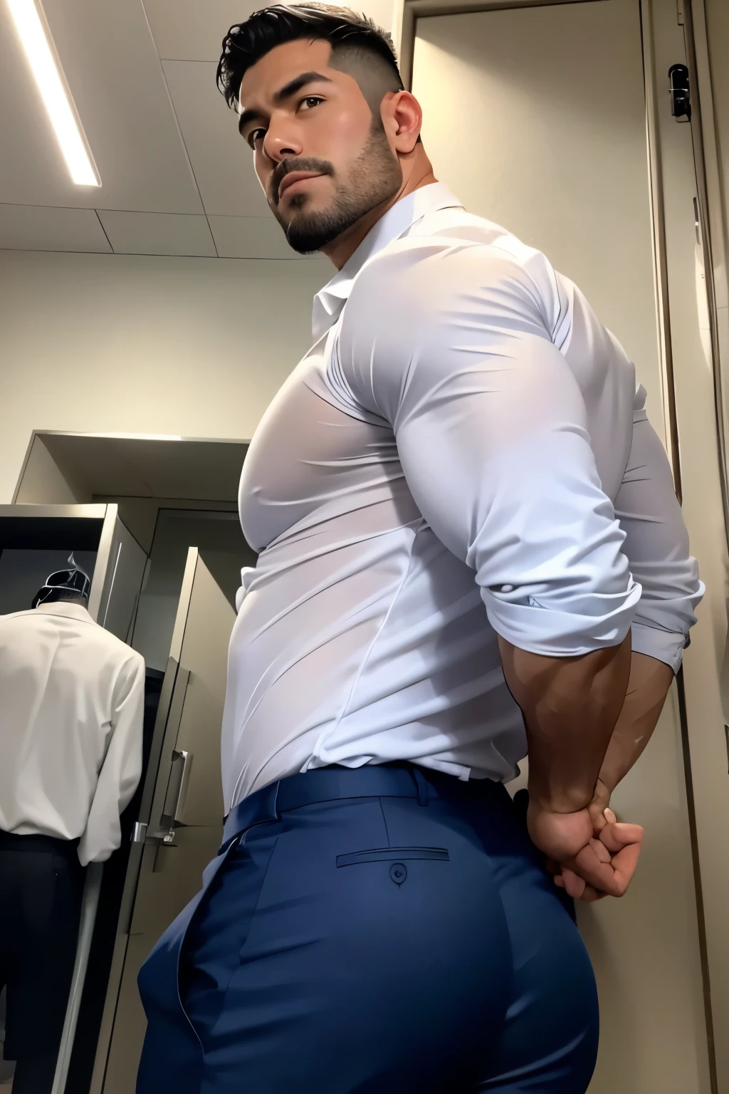 A Hispanic man with a face that looks like Henry Cavill. black man, His body is muscular and he has a toothed beard..  Huge butt, sexy in a moment of reflection. full body. Fajada shirt, semi formal clothing, silver pants, backside. 