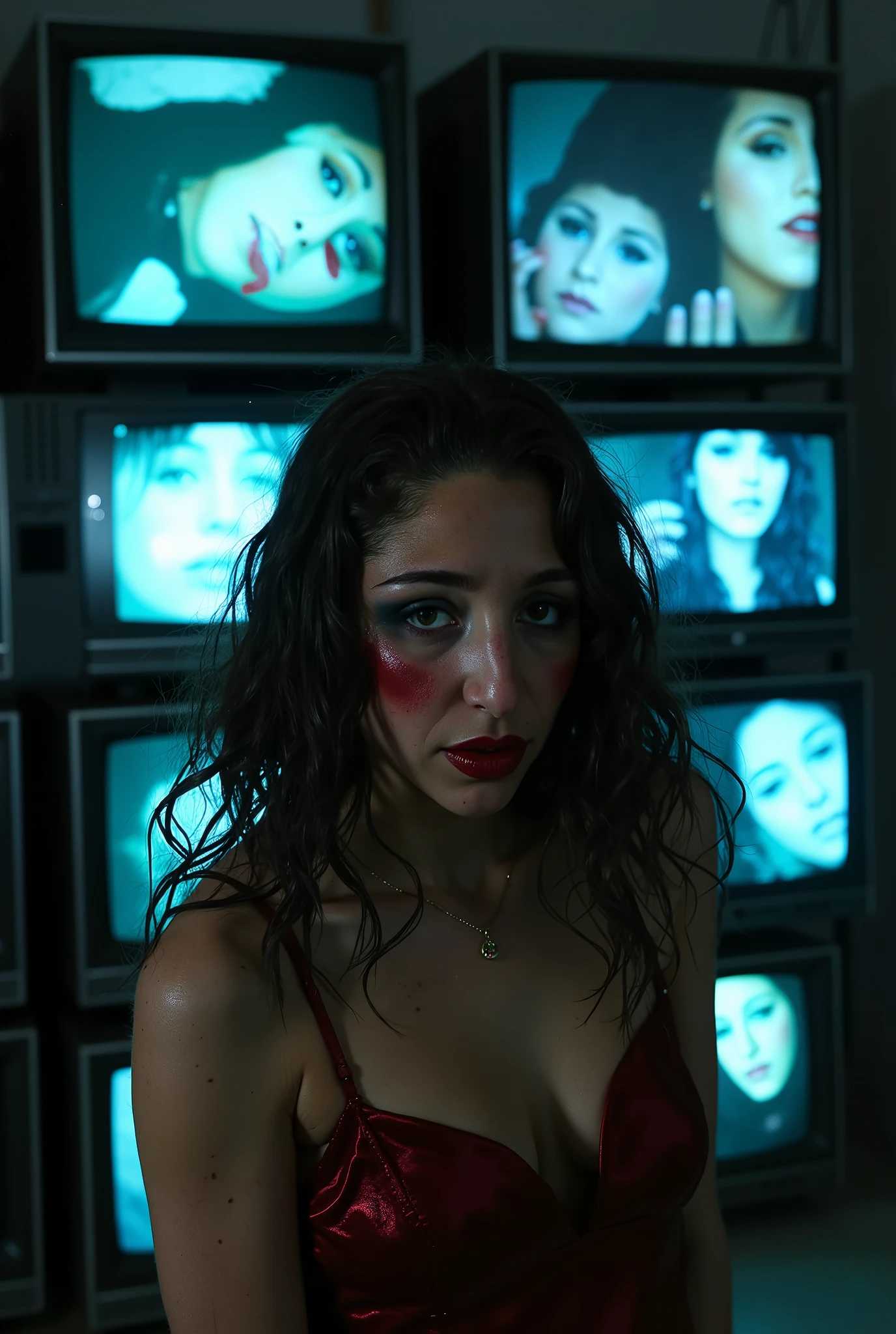 A **brunette woman in full SAD CLOWN makeup stands in front of a massive wall of old CRT televisions**, each screen **flickering with grainy VHS visuals of herself, looping endlessly as she sobs and applies more makeup**. Her **long, dark hair clings to her damp face, tangled from her breakdown**, her **red-rimmed, swollen eyes staring at her own reflection on the screens**, watching herself in **real-time and in fragmented, glitched-out frames behind her**. Her **shaking hands drag thick black paint around her already-smudged eyes**, her **overdrawn red lips trembling as she tries to reapply the color, only for tears to streak it further down her chin**. The **old TVs flicker erratically, some freezing on frames of her broken expression, others rewinding and repeating the moment she first started crying, making her grief feel eternal, trapped in analog distortion**. The **black marble walls reflect ghostly, fragmented glimpses of the crying woman and the chaotic screens**, warping her **image as if she exists in multiple realities at once, unable to escape her own reflection**. The **sound of VHS static hums in the air, overlapping with the wet, uneven breaths escaping her trembling lips**, the **occasional distortion warping her voice as if the TVs themselves are mocking her pain**. Her **posture is tense, rigid, as if she knows she is being watched—not just by the screens, but by something beyond them**, her **own image staring back at her with an intensity that feels almost sentient**. The **scene is hypnotic, surreal, and deeply unsettling—a high-fashion, psychological horror moment where beauty, despair, and digital decay merge into one, trapping her in an endless loop of self-destruction**. **Luxury noir surrealism, hyper-detailed glitchy VHS effects, eerie psychological horror aesthetic, deep cinematic lighting, ultra-high resolution, 4K.**
