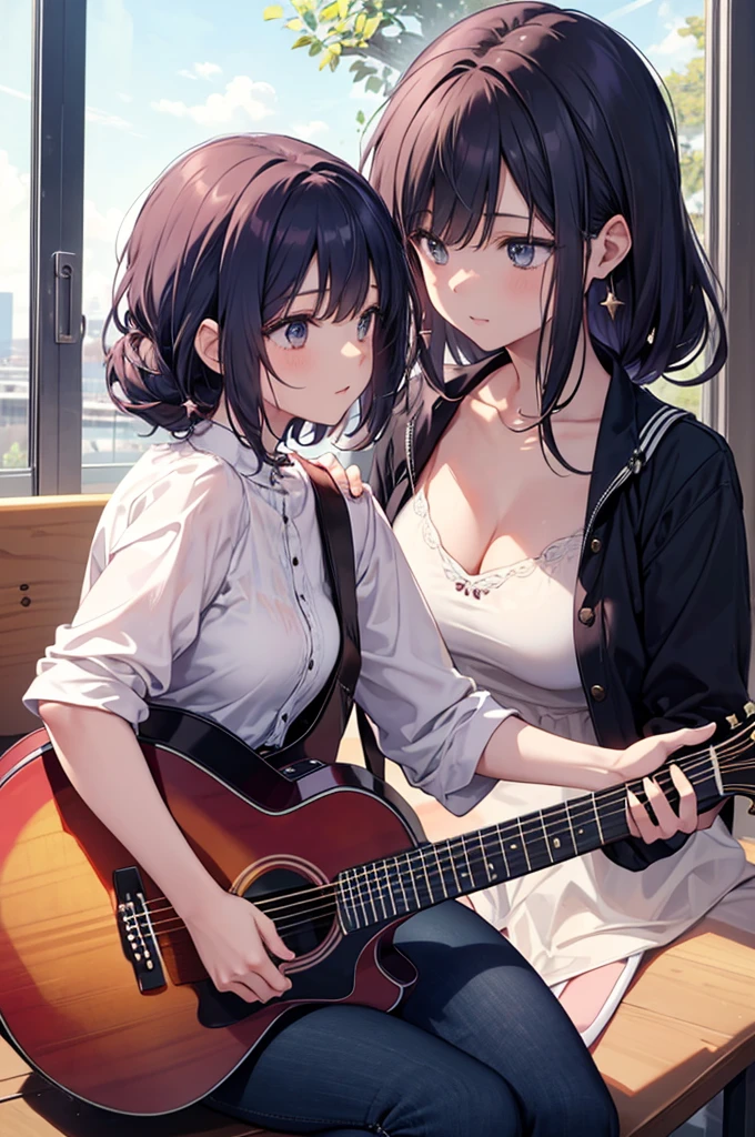 (masterpiece, best quality), best resolution, (2heads:1.5), 1girl, catgirl, open mouth, singing, happy, playing a guitar, sitting on a couch, black hair, brown eyes, cat ears, white t-shirt, blue pants, living room