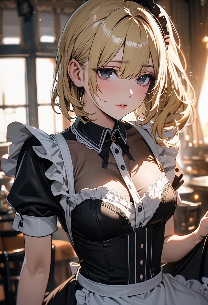 Masterpiece, Superior image quality, high resolution, 4k image,photo and gross, photorealistic, whole body, 1 young blonde of 15 years, sitting on a chair, perfectly drawn body, (big breasts), seductive expression, loving smile, Beautiful face, long blonde hair, Blue eyes, very detailed eyes, choker:1.6, (white long sleeve button down shirt with white collar), black gloves, gloves that cover hands, (holding a fork), (black leather corset), (shiny black leggings), Sensual Lips , show details in the eyes, View from above, looking at the viewer, elegant dining room, with plates of food, At night, low lighting