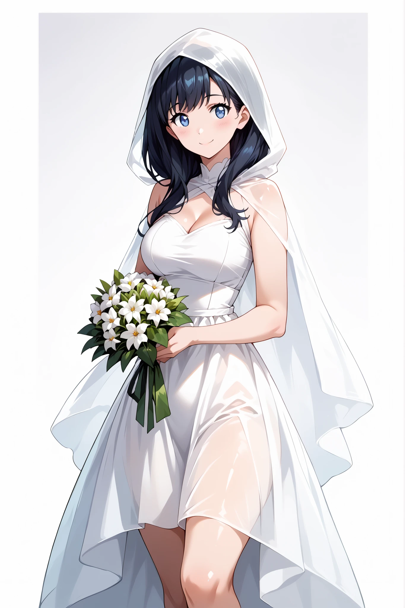 score_9, score_8_up, score_7_up, source_anime, 4K,perfect fingers,(perfect hands, perfect anatomy),prefect lighting, very aesthetic, intricate details,highly detailed background, masterpiece, high quality, best quality,
rikka takarada, black hair, blue eyes, long hair, large breasts,,
wearing ((wedding dress,(White translucent silk hood:1.3),)),
((White plain background:1.5)) , looking at viewer, smile, (perfect hands, perfect anatomy),cowboy shot, filed, high thigh individual , fullbody,Stand up,((front look:1.5)),(Holding a bouquet of white flowers in both hands:1.5), (Hands hide with flowers),