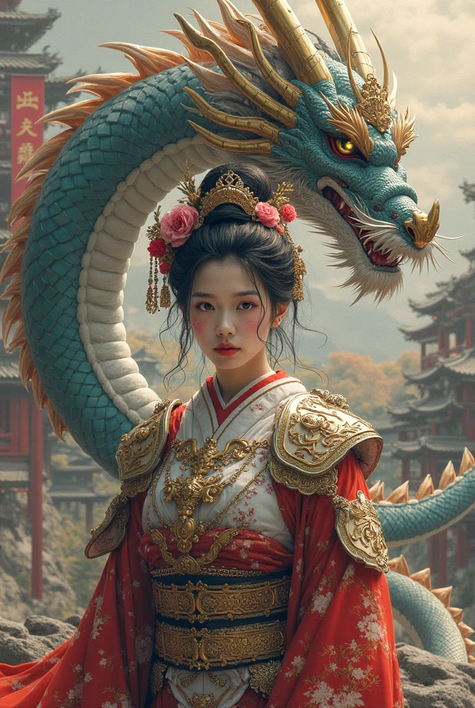 gundam。dragon。Japanese tradition。Tengu。beautiful Face。armor。geisha kimono。Japanese culture。warrior。geisha。dragon。geisha makeup。Taiwan 。