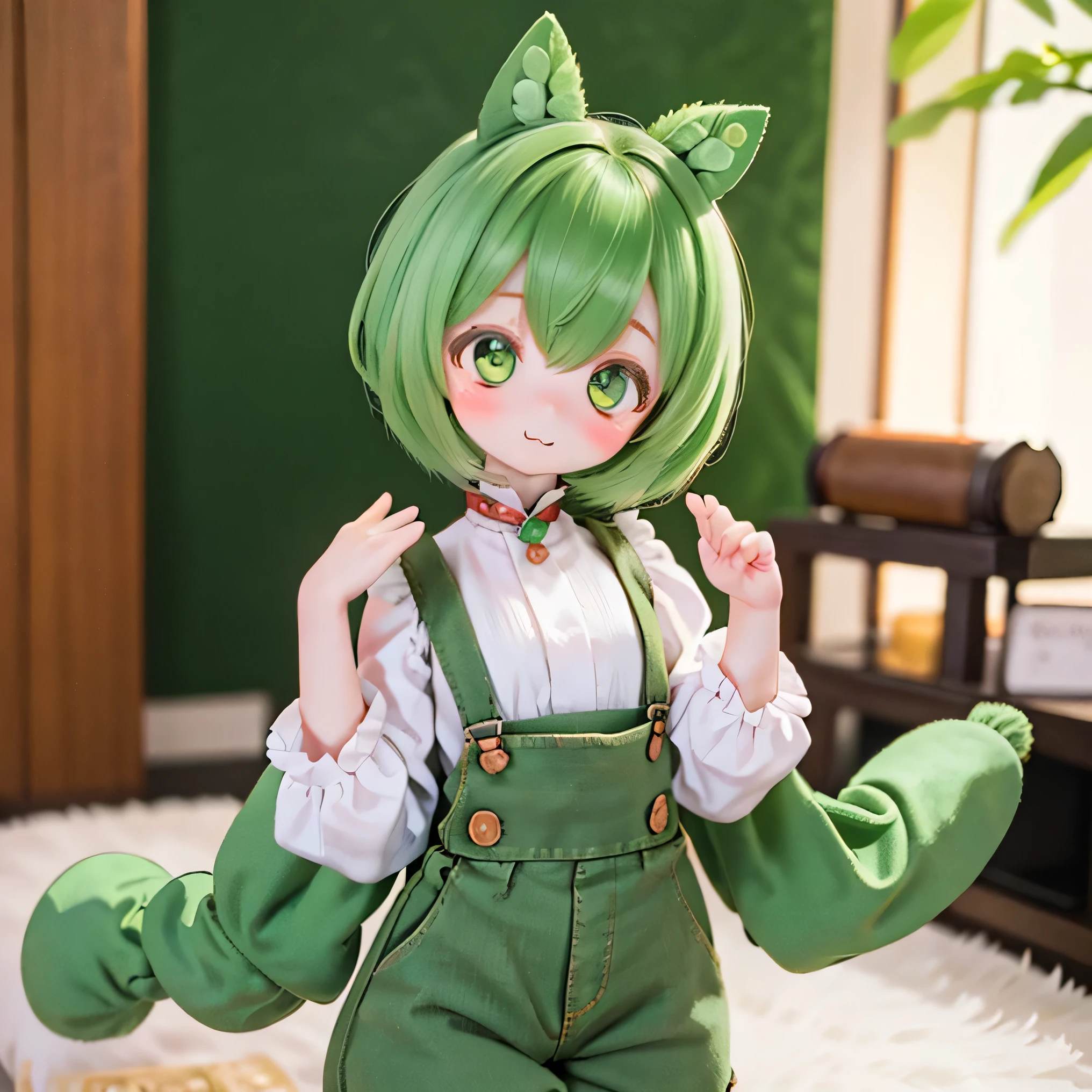cute green-haired zundamon in playful pose, detailed character design , intricate details , surreal , photorealistic , 8k, masterpiece , is high resolution, bright color, Soft Writing , natural light, 、 Warm Palettes , wonderful , fantasy , cute , cuteデザイン , , Heartwarming、Edamame、 green overalls、white blouse、Around town seiza手を降ろす