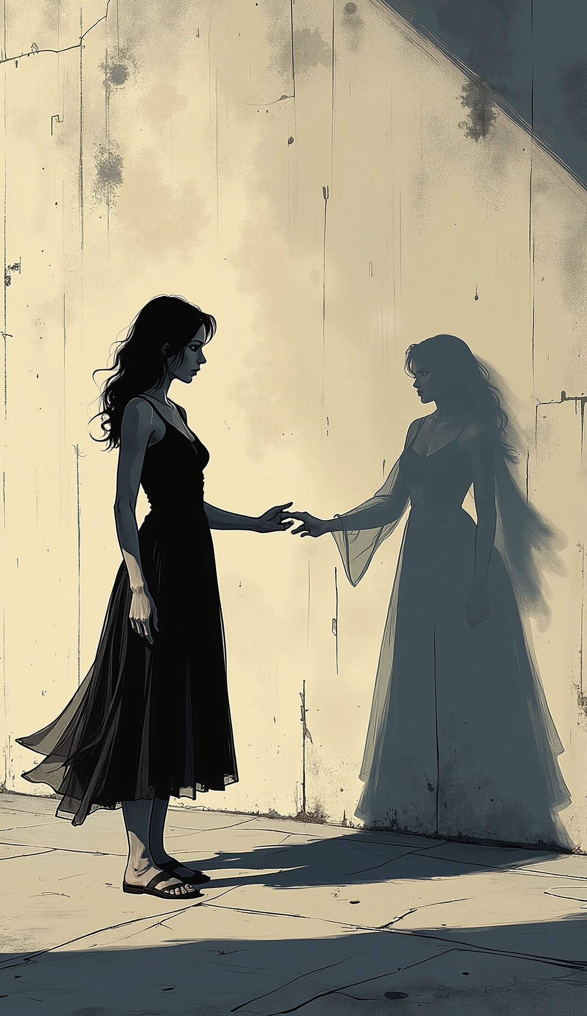 A woman holds out her hand to a wall、A woman's shadow is reflected on the wall、It looked like she was shaking hands with her own shadow。a very fantastic and beautiful scene。Delicate Textures, digital illustration on Pocket,high resolution,Superb texture,realistic,professional,Vivid Colors,Bokeh