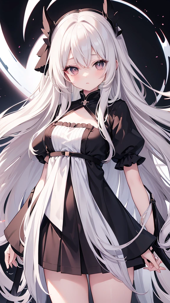 girl, green eyes, long white hair, expressionless look, White jacket, short black skirt, black boots, white gloves, 2 demonic horns, (dark city at night)