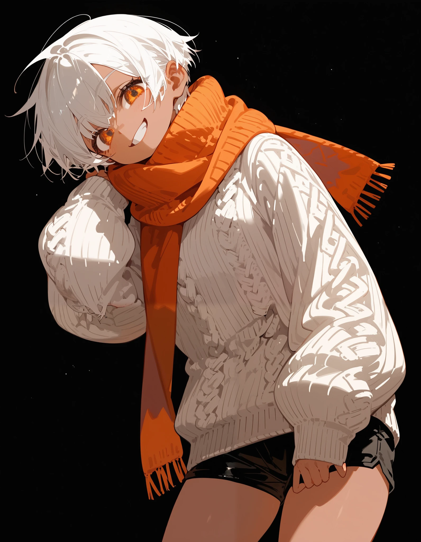 girl , white hair, short hair ,Tanned,In the orange eyes,Medium Breasted,Tomboy,White knit sweater,black background,Scarf ,standing,Emotionless,Japan,cute,Sure Smile,Squat,black shorts,Cheating Smile