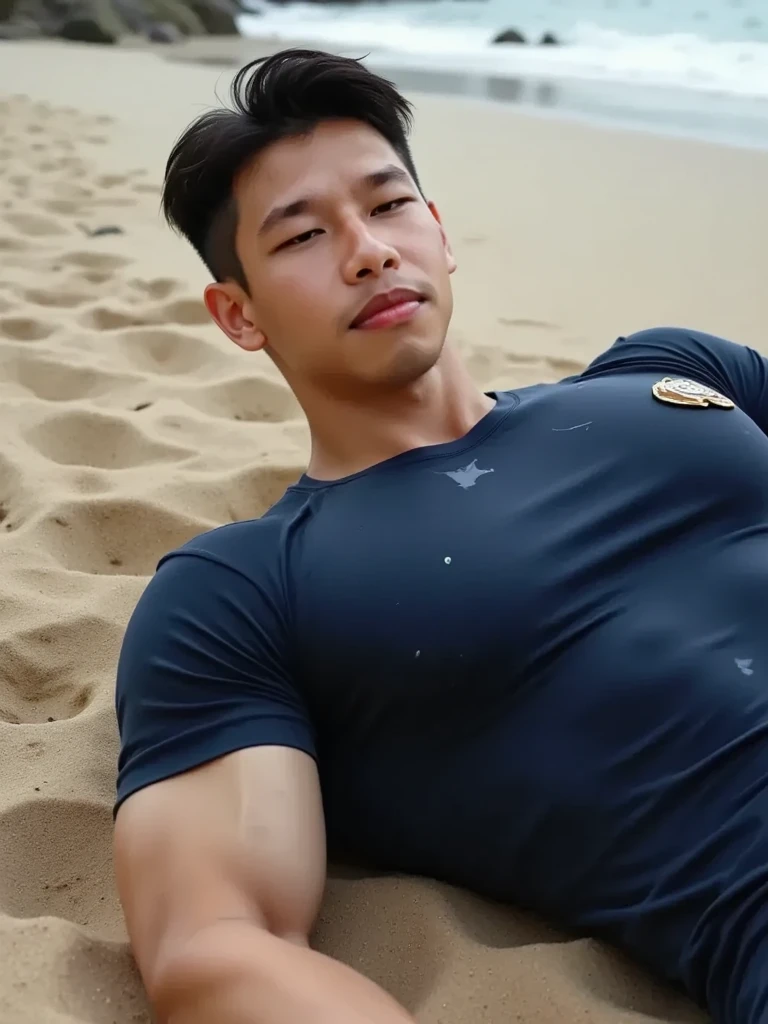 (Create a masterpiece: 1.2),(CGI art:1.3),(realistic:1.5),(After processing:1.3), (Sharp focus:1.3), 1 man, open mouth, smile, (Navy blue round neck shirt), Navy cargo pants, Korean guy , korean men, (High gloss details), chest muscles, large arm muscles, blood vessel, Big muscles, Broad shoulders, looking at the audience, Balancing the eyes, Seaside, beach, sunlight, running towards the camera