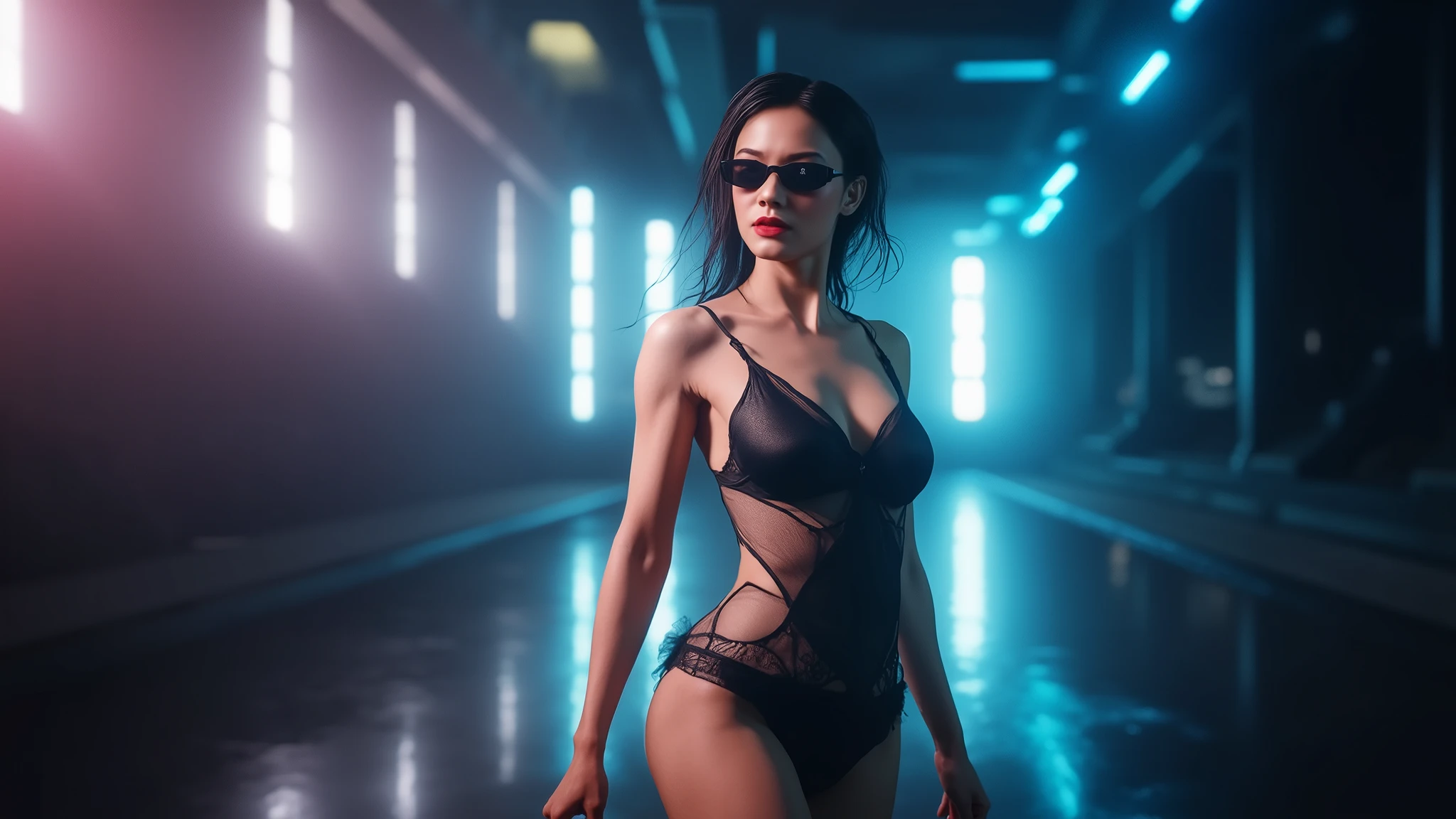 naked girl with sexy figure, cyberpunk style, I stand tall, dressed in neon mesh, against the backdrop of incredibly fantastic alien landscapes, 4k, 8K, Maximum realism, on the body only clothes made of transparent neural mesh and combat implants, emphasizing body lines , Photorealistic graphics, maximum attention to facial quality, HDMI, HD, high quality photo, PHOTO-REALISTIC BODY AND FACE, special attention to detail on the face and body. transparent, high-quality images of the face and body.