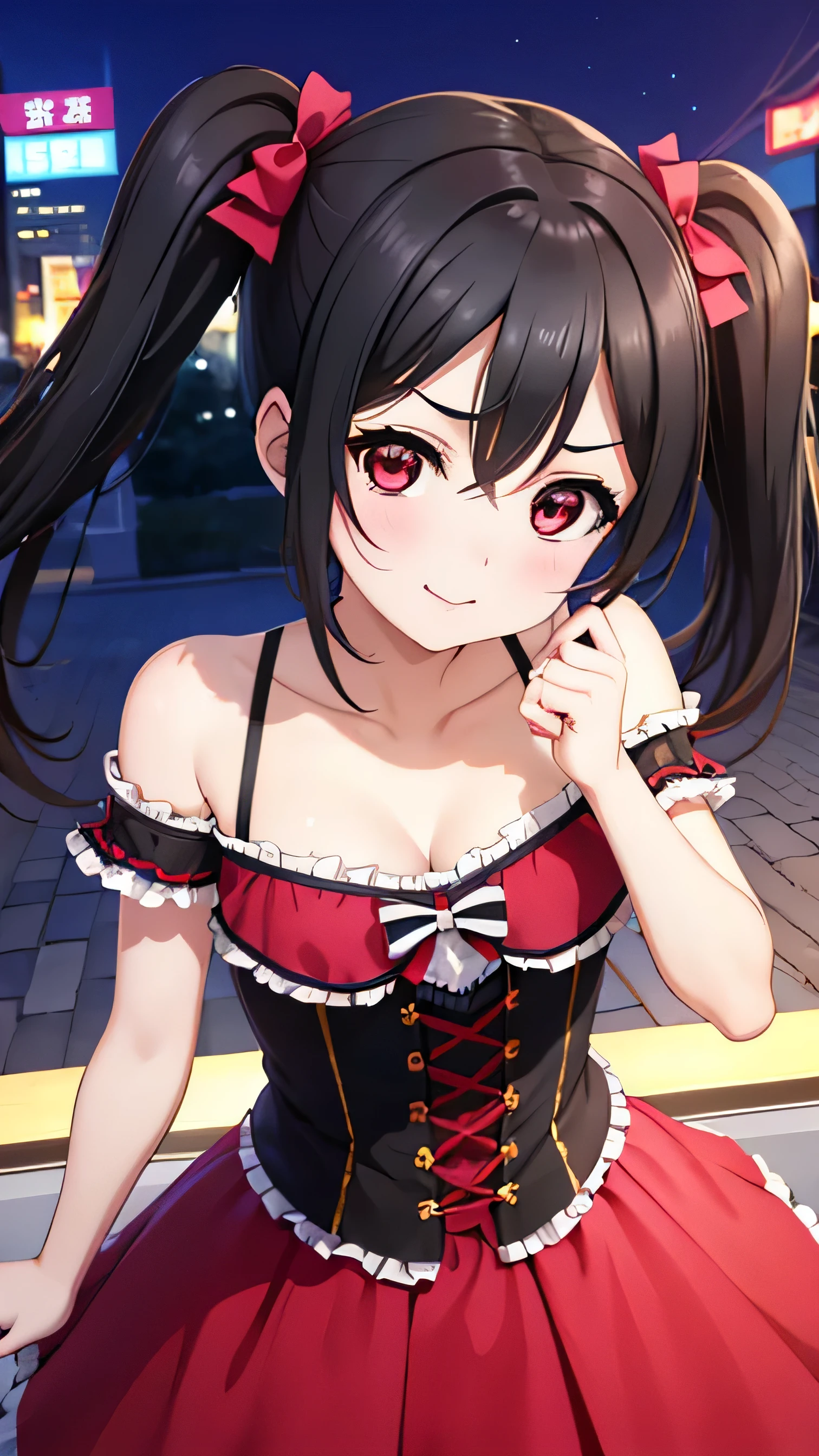 ((Highest quality,high resolution, 8k))
Portrait of a Woman ,20 years,nico yazawa、closed her mouth、 upper body,
idol costume where you can see yourself ,The clavicle is visible, cleavage is visible,small tits
cinematic lighting, downtown at night, Kabukicho Ichibangai, Tokyo's Neon Streets, Sparkling signboard, Colorful Neon Lights, Miscellaneous Streetscapes , Tavern lanterns, Bar and Club Signs, City Bustle at Night, Rainy Asphalt, Roads reflecting light ,
smile,red eyes、 beautiful neat hair、twin tails、gothic ta、ピンク色のgothic loliForward-looking posture、Absolute reference to the center、
