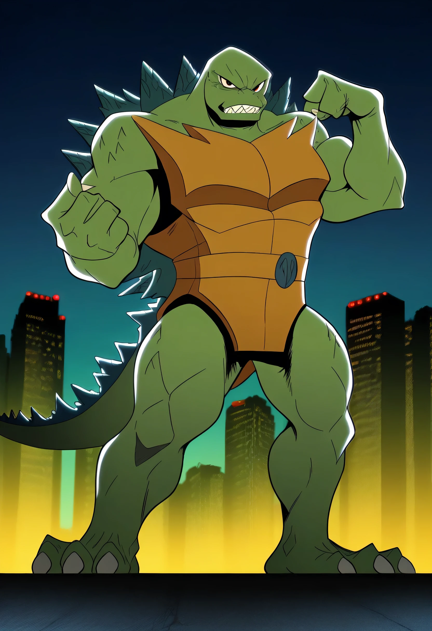 A cartoon green godzilla, giant strong kaiju, green skin, cartoon 2d style, black eyes, bigger cartoon eyes, male, solo, sharp teeth sharp claws, detailed monster, flexing his powerful muscles pose, serious expression, huge muscular body, full body, city background, blue sky background, epic scene, dramatic lighting, cinematic camera angle, highly detailed, 8k, ultra-cartoon, photocartoon, professional lighting, studio quality, saturaded colors, dynamic composition, cinematic atmosphere, saturaded color palette, very saturaded colors.