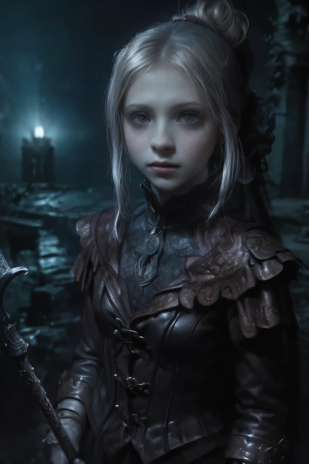 ((best quality)), ((masterpiece)), (detailed), score_9, score_8_up, score_7_up, score_6_up, (1girls), a female occultic knight, witch, knight, wielding a rapier-like sword, perfect face (((mastepiece, of the highest quality, super detailed))), photorealistic, Dark fantasy art, dark fantasy, ((gothic art)), ((Bloodborne inspired)), (Victorian era inspired), (Brotherhood Of The Wolf inspired), (typical witches hat sharing design features of a hunter's cap), (leather trousers with buckles and belts), (occultic vibe), (cosmic horror vibe), (occultic military uniform), (military witch), ((intricate and beautiful cloth and leather clothing)), (regal and elegant, a person of great social importance), ((mature, foreboding atmosphere)), ((dark and gloomy)), ((((Highly detailed face)))), small thin nose, Small thin lips mouth, (((Very sharp focused eyes))), ((perfect symmetrical beautiful eyes)). looking here, (resolved expression), (resolute expression), (sad face), beautiful (((very small breasts))), (((little boobs))), (((tiny breasts))), (((flat chest:0.1))), (((very tiny boobs))), (((very flat chested))), ((brunette)) hair, ((long ponytail, thick ponytail, heavy ponytail)), very long eyelashes, soft lighting