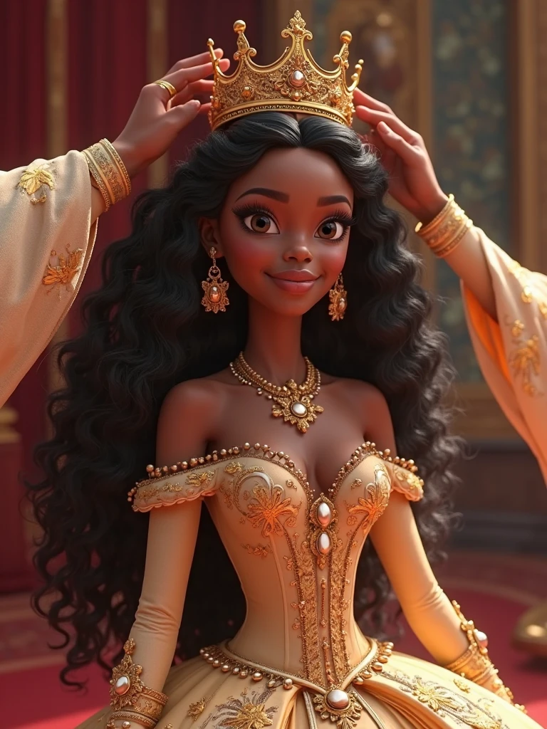 Make a princess, black female, long curly hair, photo in 8k, Pixar style image, in the adult version, Excellent quality. She has a crown. Your dress is like a princess's.