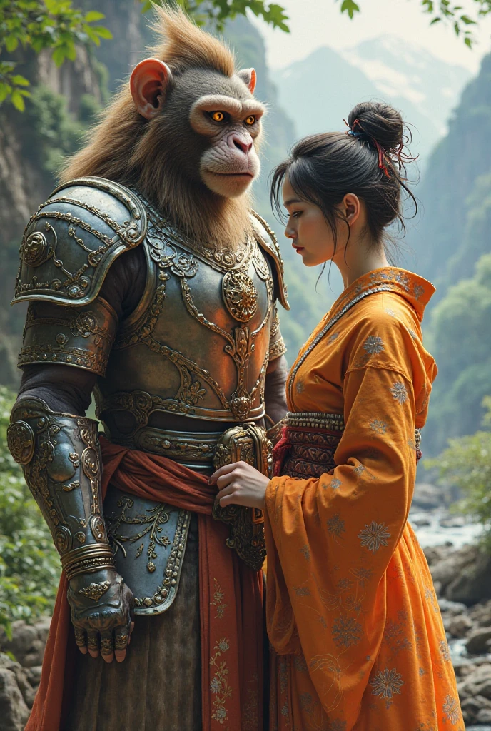 ((masterpiece、highest quality))、shape、Super detailed、8k、realistic、sharp focus、very detailed、professional lighting、colorful details、(fine skin texture)、(precise fingers)、bow、Full body Esbian、((China during the Tang Dynasty:1.4))、(journey to the west:1.55)、(Sun Wukong、monkey king、shortage々very ferociouonkey Yokai:1.55)、(Sanzo Hoshi、unparalleled beauty、monk、monkなので髪の毛が無い:1.55 、monk robe:1.4)、(Ino Hakkai and Sha Wujing in the background)、shine、intricate details、Shitsumeka、(monkの女性一人と大きな身体のMonkey Yokaiが一匹カメラの前にいる:1.4)、