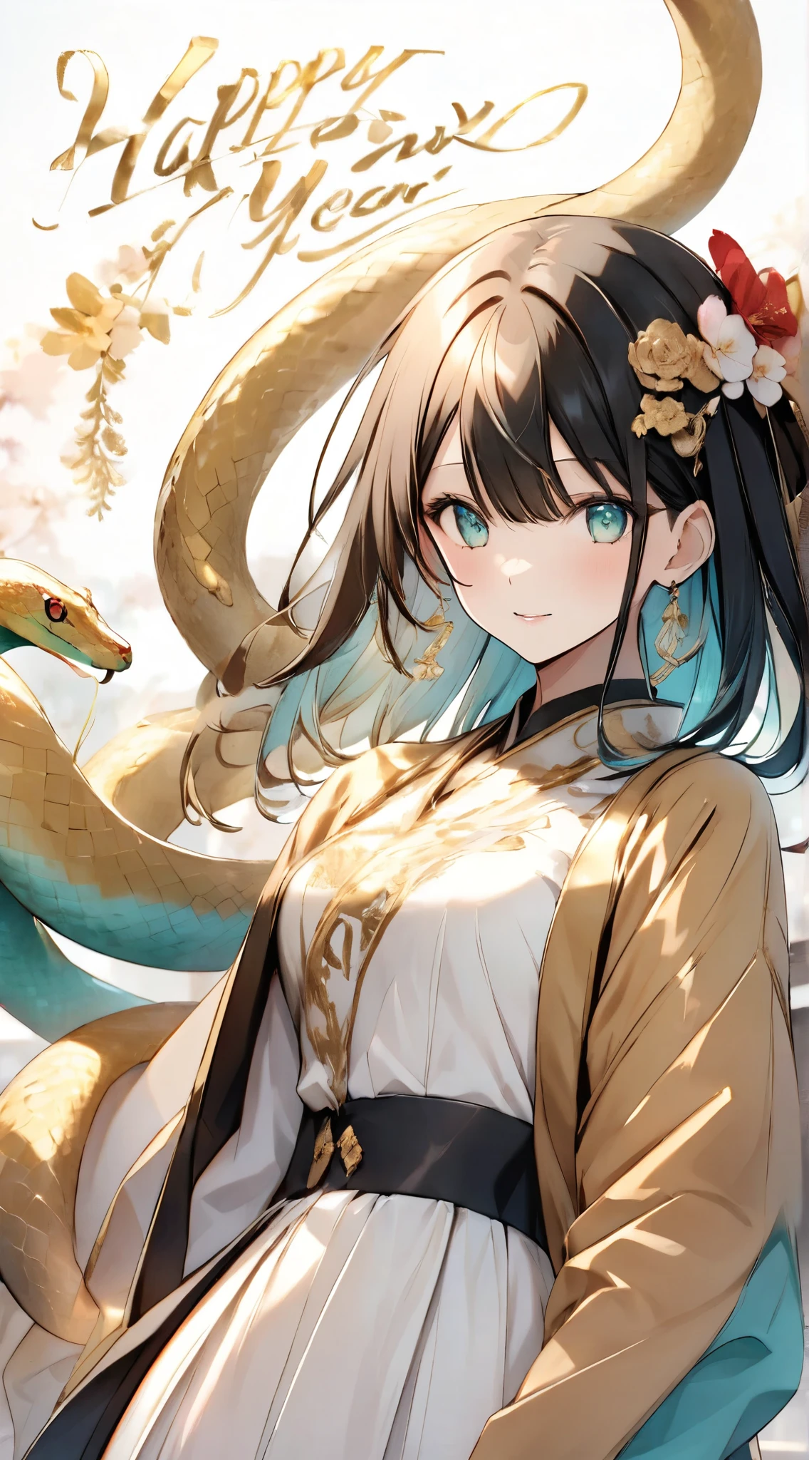 close-up of a golden turquoise snake , it circles around itself , bright colors evoke prosperity and good luck. Next to the snake , a young girl ,, white as porcelain , eyes as bright as sapphires , standing confidently in front of a white background . more than, bold gold text shines , with elegant cursive " Happy New Year 2025 ", radiates a warm atmosphere .
