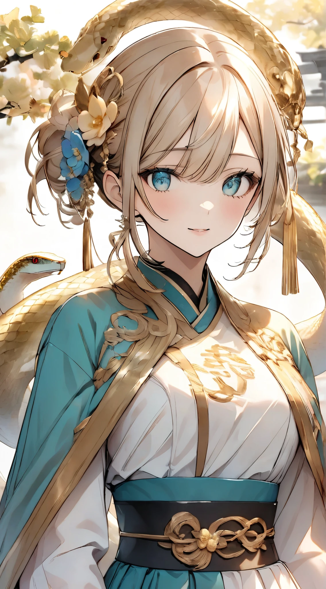close-up of a golden turquoise snake , it circles around itself , bright colors evoke prosperity and good luck. Next to the snake , a young girl ,, white as porcelain , eyes as bright as sapphires , standing confidently in front of a white background . more than, bold gold text shines , with elegant cursive " Happy New Year 2025 ", radiates a warm atmosphere .