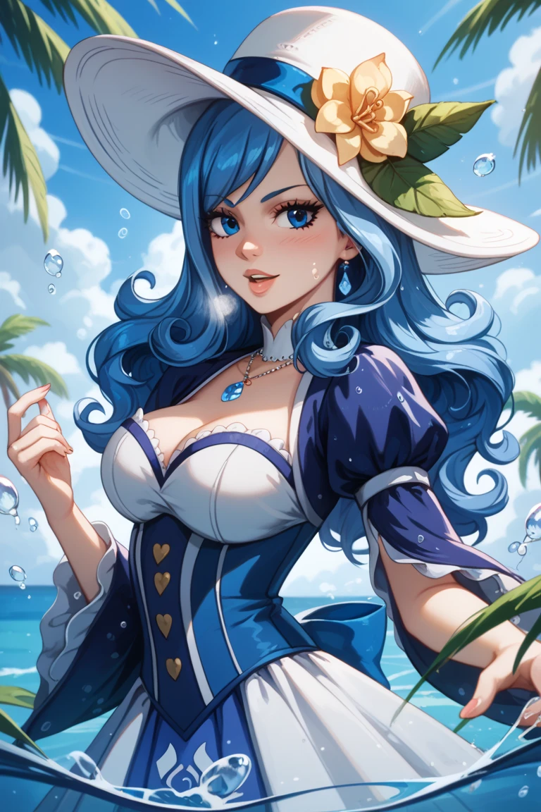 "Create a high-quality, realistic illustration of a cool and stylish woman with a rapper flair. She rocks a blue bucket hat, a fur-accented blue swimsuit, and a short blue fur coat. Illustrate her sipping from a paper cup. Her nails are painted blue, and she accessorizes with gold, including a glamorous ring. Top off the look with gold-rimmed sunglasses for that rapper style. I'm looking for a detailed and realistic depiction. Thank you!"